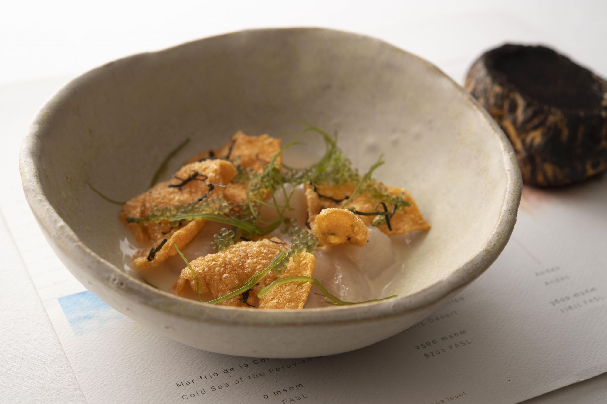 Dish of scallop, maca and seaweed uses Japanese scallop and seagrapes, served with Peruvian maca cream on the side