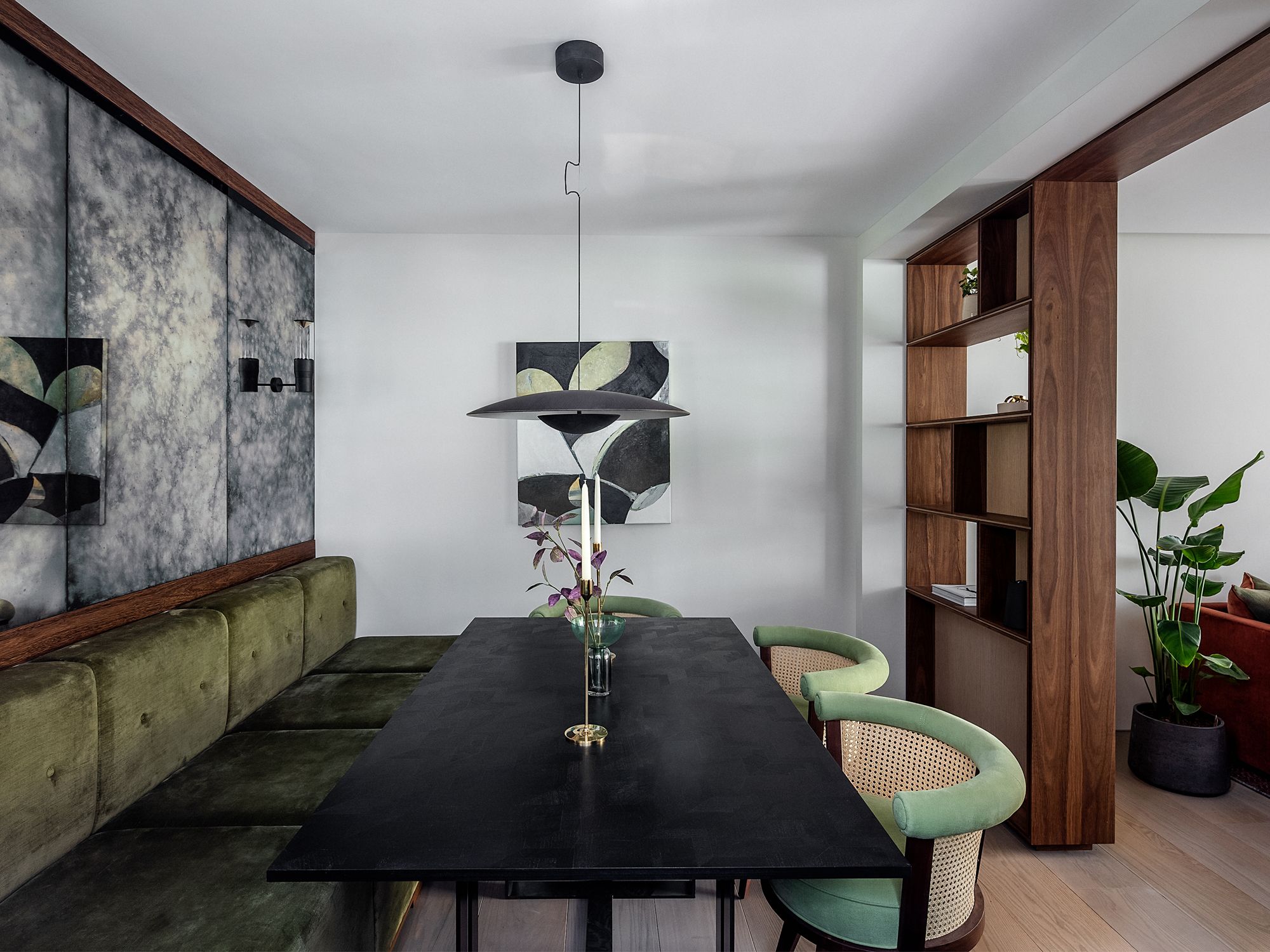 The main dining area features lighting from Marset, as well as Viabizzuno wall lights that were designed for Hotel Cafe Royal by David Chipperfield. An artwork, titled Composition 269by London-based Italian artist Gabriele Capelli, gives the space an artistic flourish