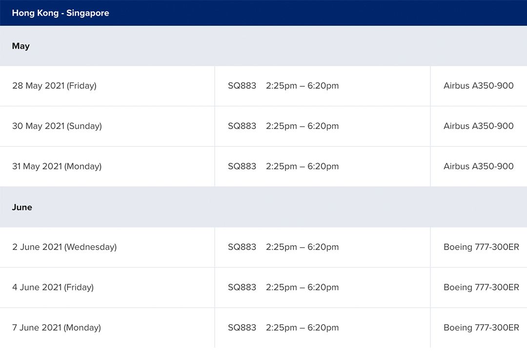 This will be the flight schedules from May 26 to June 7 (Image: Singapore Airlines)