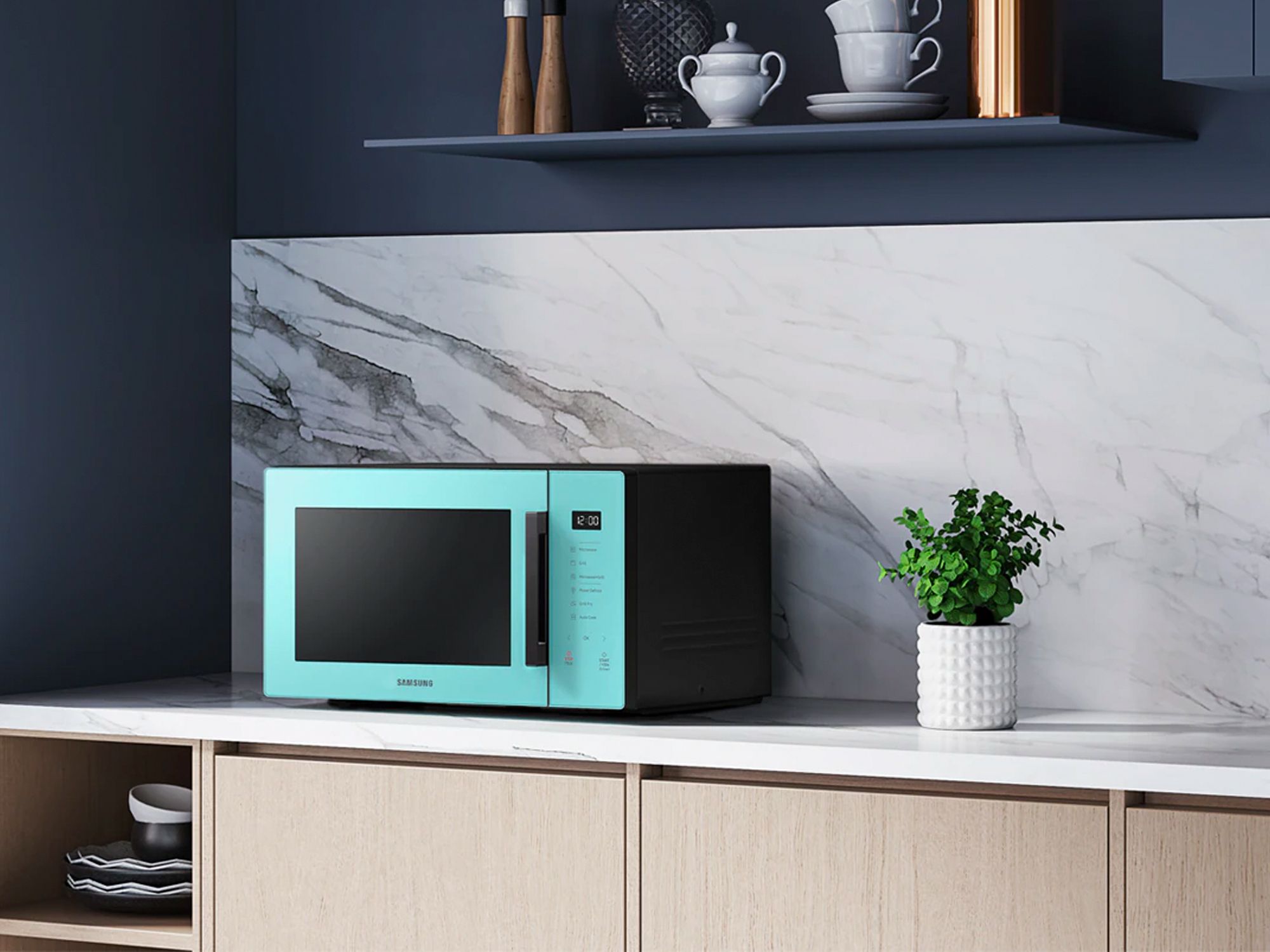 Samsung's Grill Microwave Oven in Mint brightens up the kitchen counter immediately (Image: Samsung)