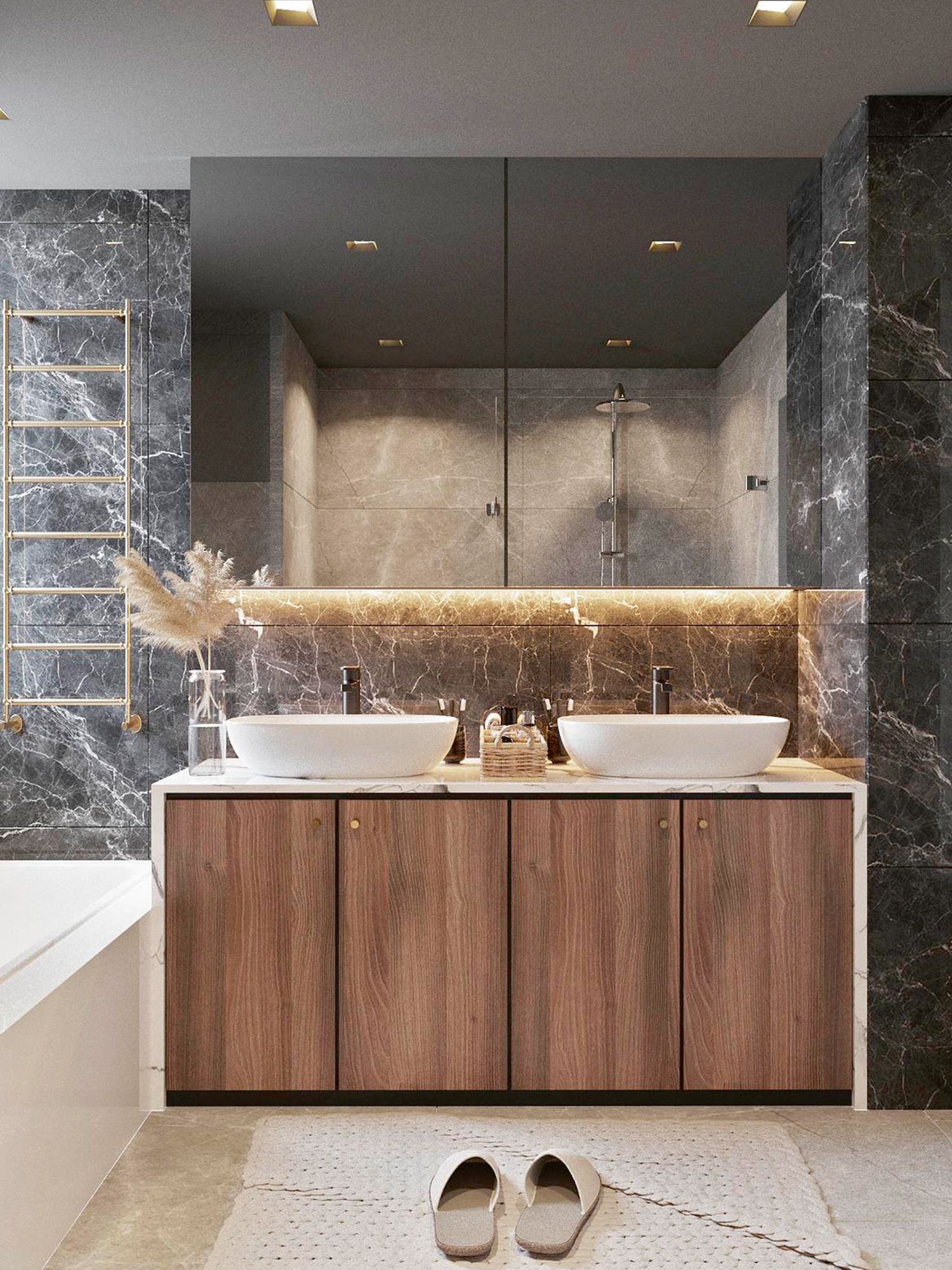 Strikingly veined dark marble walls add drama to a bathroom by ArchLuxe