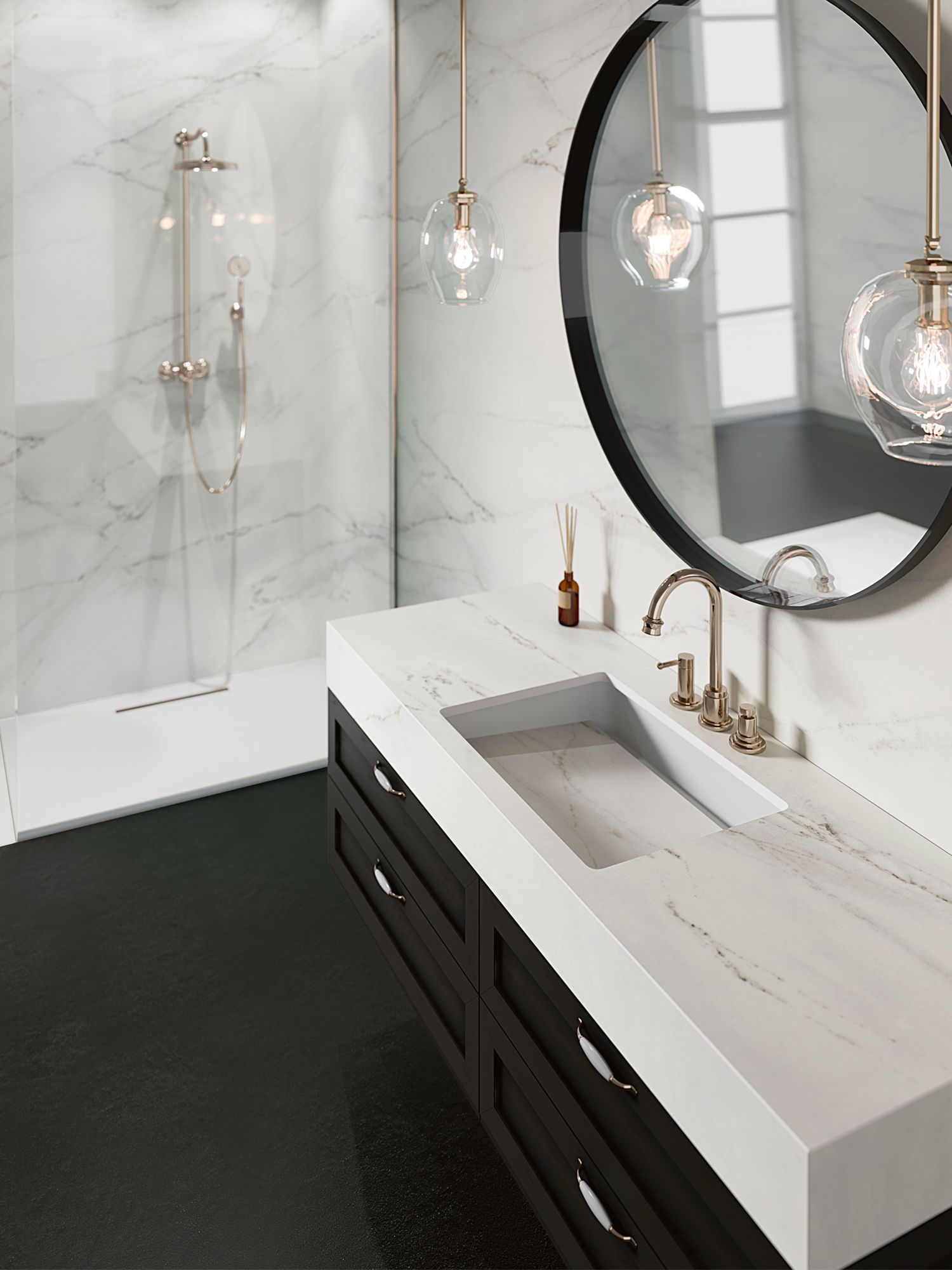 A vanity counter featuring the Dekton Rem surface, from Cosentino