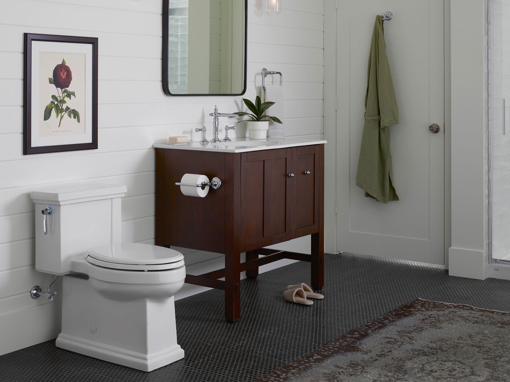 The no-touch flush feature of this Kohler toilet activates when your hand hovers over the sensor
