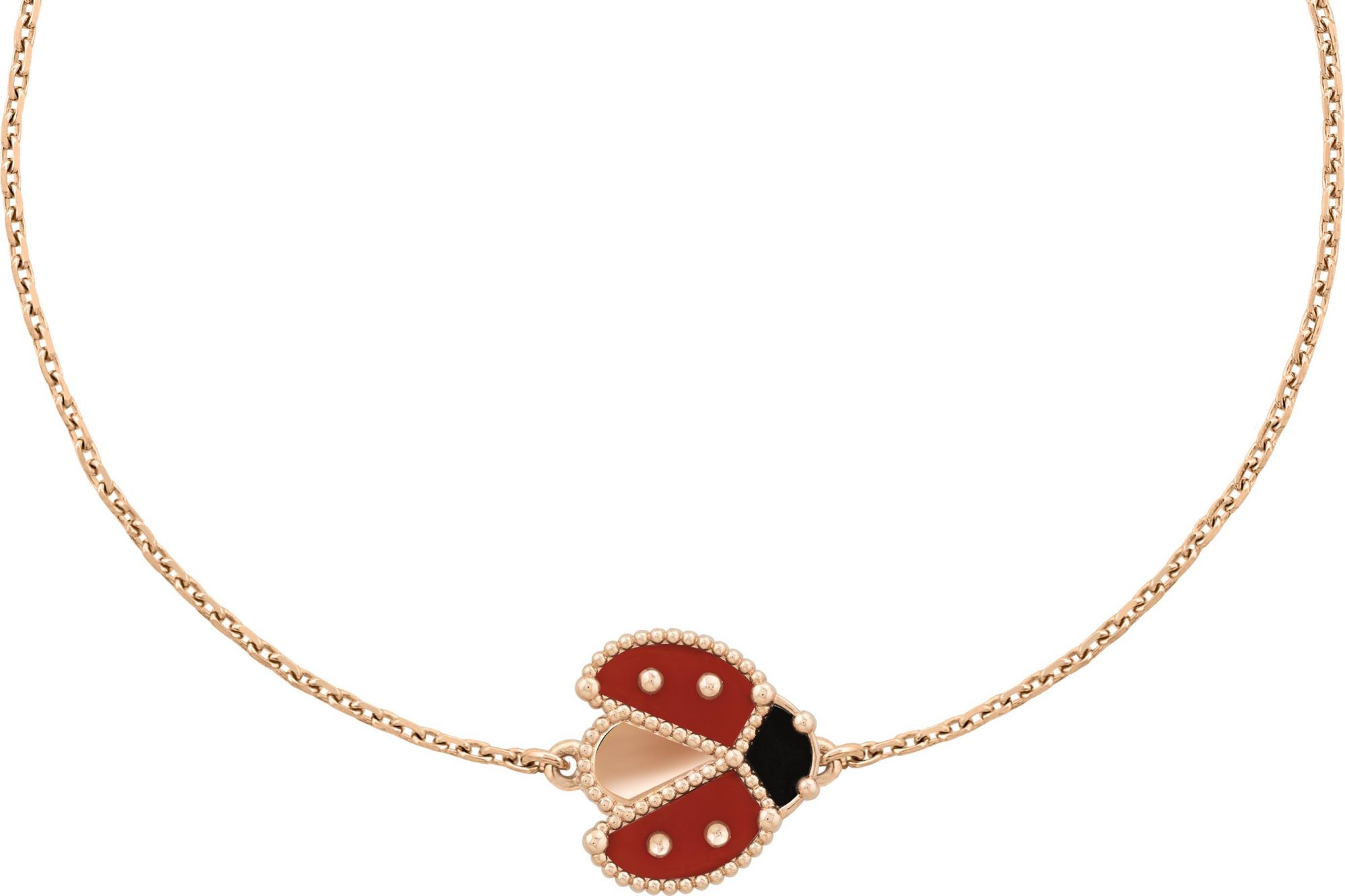 Lucky Spring bracelet, open wings ladybug, rose gold, onyx, carnelian.
