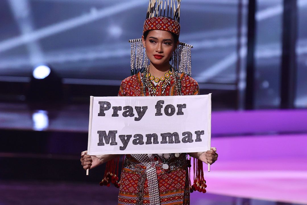 Miss Myanmar Thuzar Wint Lwin appears onstage at the Miss Universe 2021. Photo: Rodrigo Varela/Getty Images