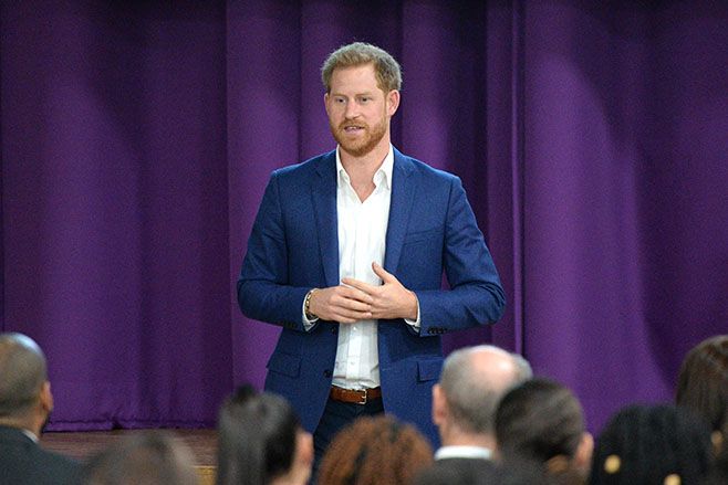 Prince Harry attends a school assembly during his visit to Nottingham Academy to mark World Mental Health Day in 2019. Photo: Eamonn M. McCormack/Getty Images