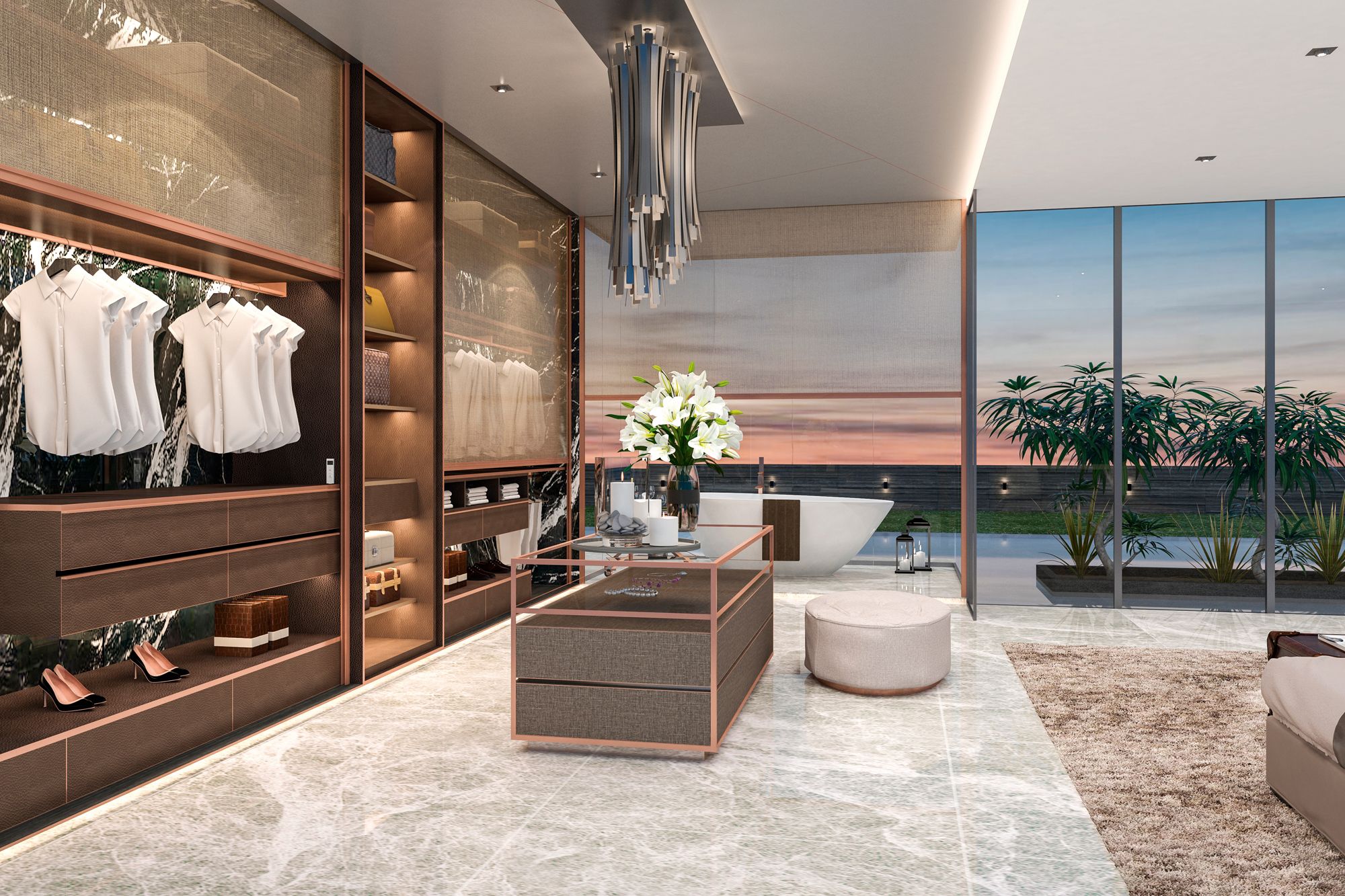 Designed by HYID, this bedroom concept uses the Ziptrak Interior blinds system as wardrobe doors and privacy screens at the bathroom area