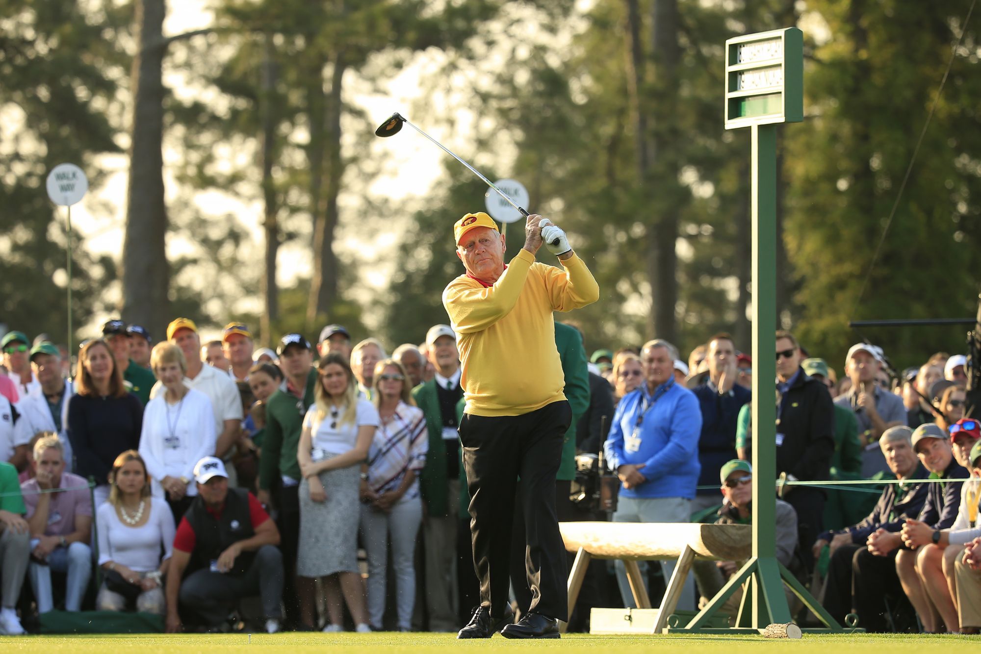 Honorary Starter and Masters champion Jack Nicklaus drives from the No. 1 tee box to begin the first round of the Masters at Augusta National Golf Club, Thursday, April 11, 2019.