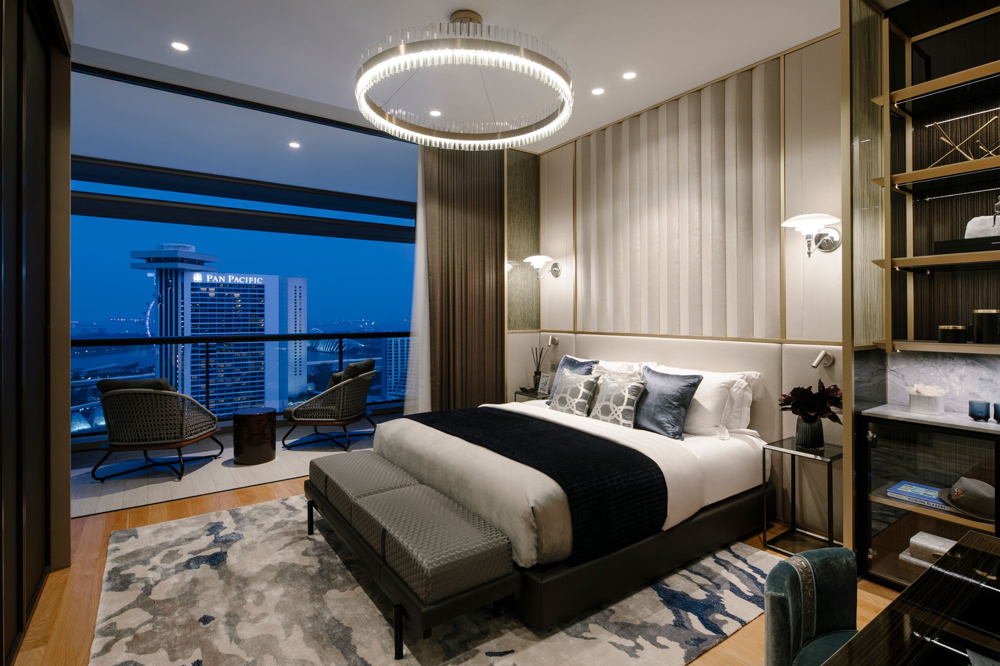 The master bedroom in the Night unit evokes a luxe atmosphere