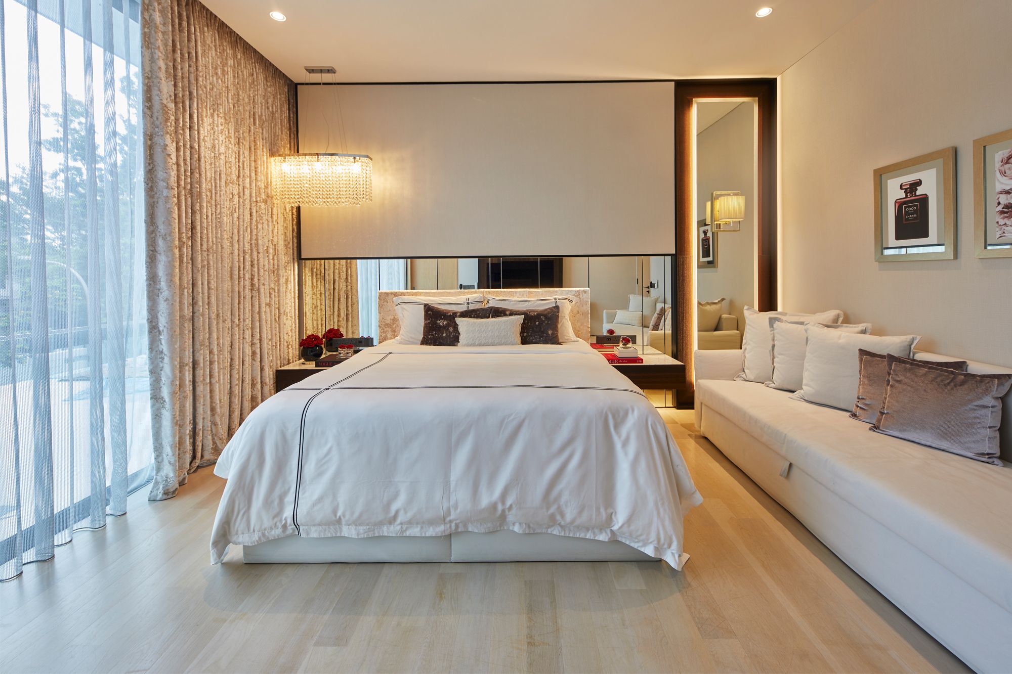 The master bedroom is inspired by the look of luxury boutiques