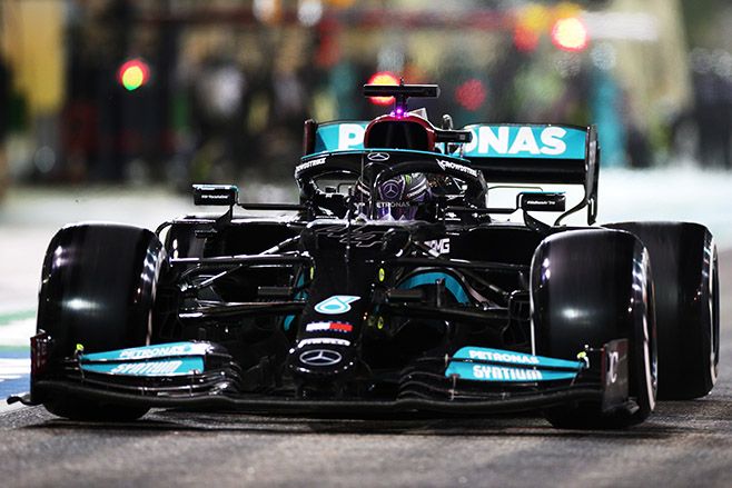 Lewis Hamilton driving the Mercedes AMG Petronas F1 Team Mercedes W12 in the Pitlane during the F1 Grand Prix of Bahrain in 2021. Photo: Peter Fox/Getty Images