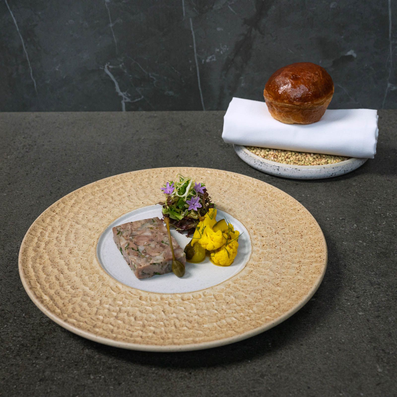 Pressed ham terrine, piccalilli, salad, brioche