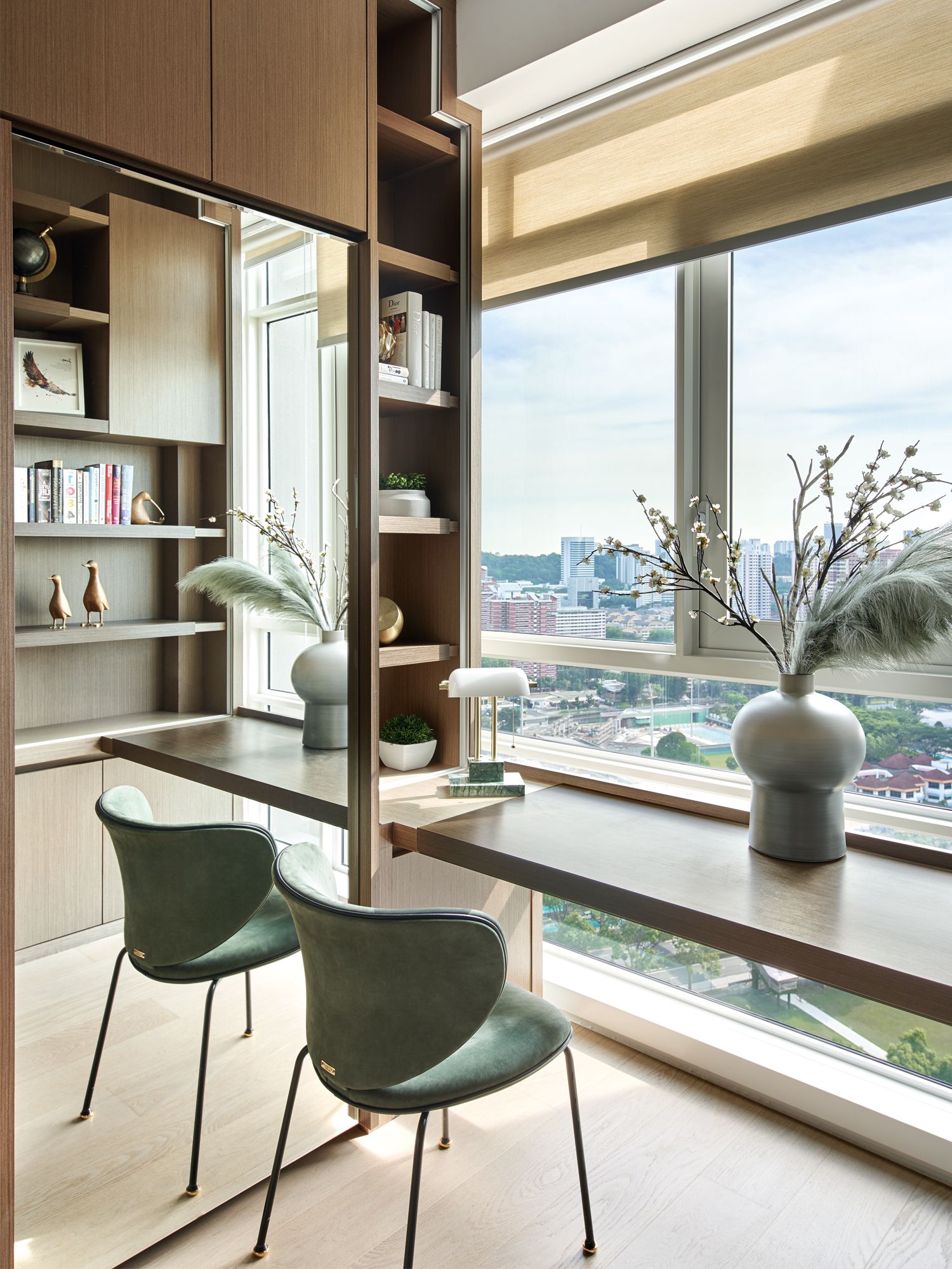 The wardrobe area also doubles as a calming study