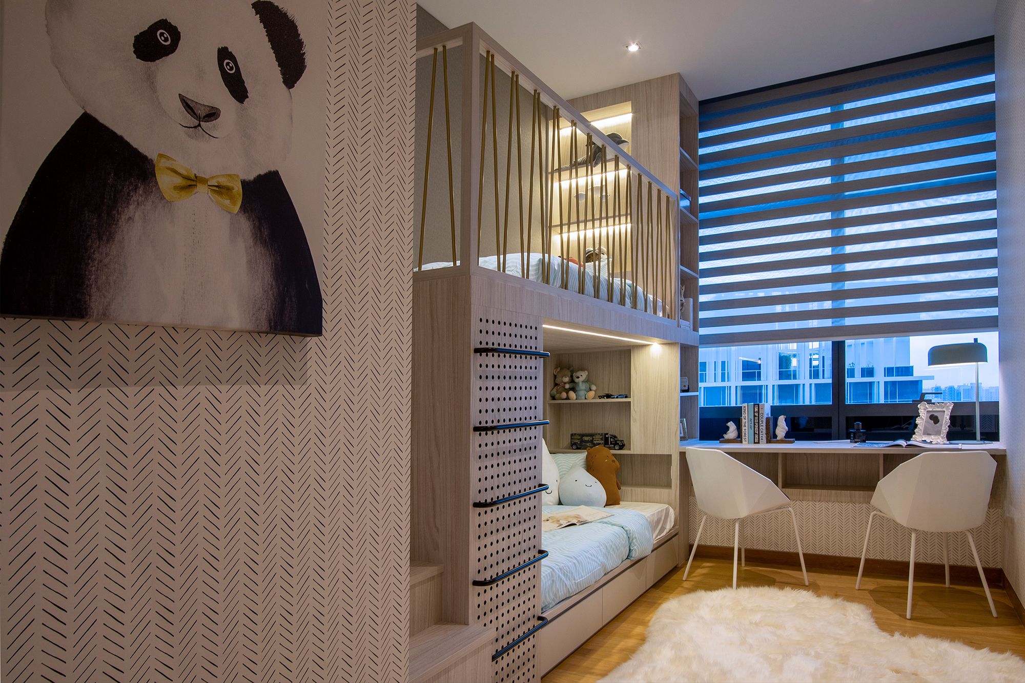The children's bedroom emits a youthful vibe with patterned wallpaper and integrated storage