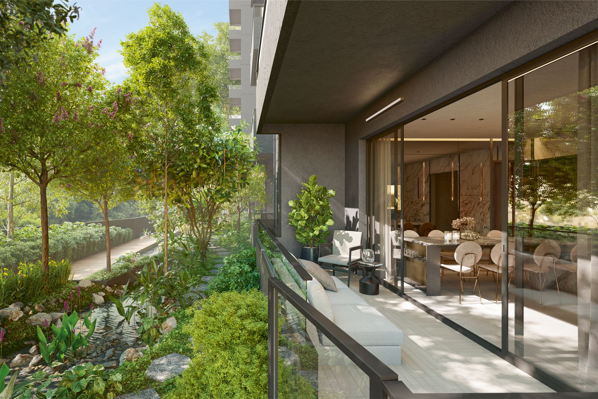 The balcony of a unit in Midtown Modern, a project by Singapore developer GuocoLand that features a “nature in the city” concept
