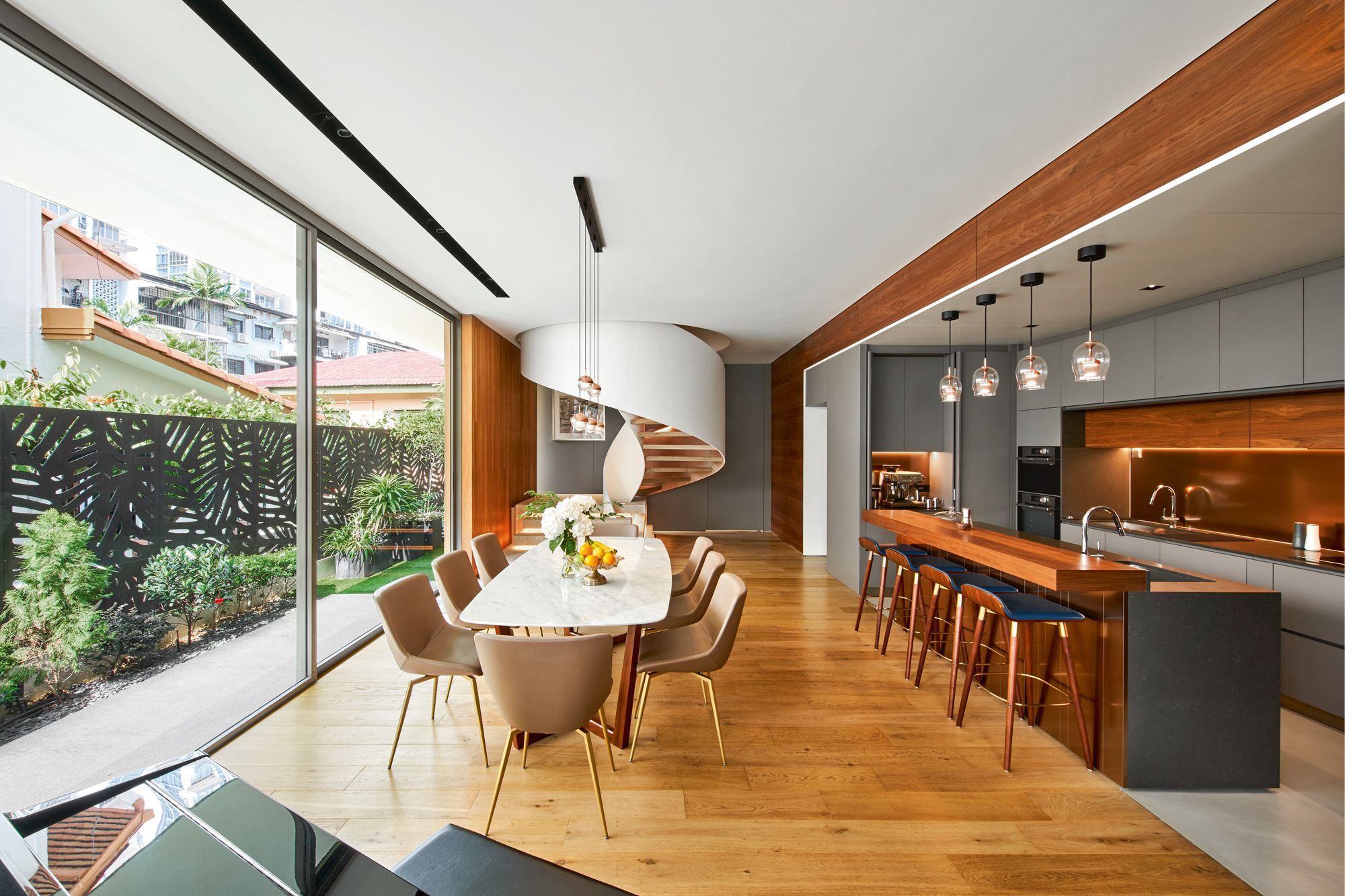 Leather, copper and chrome accents throughout the house complement the timber elements of the furnishings and interior design