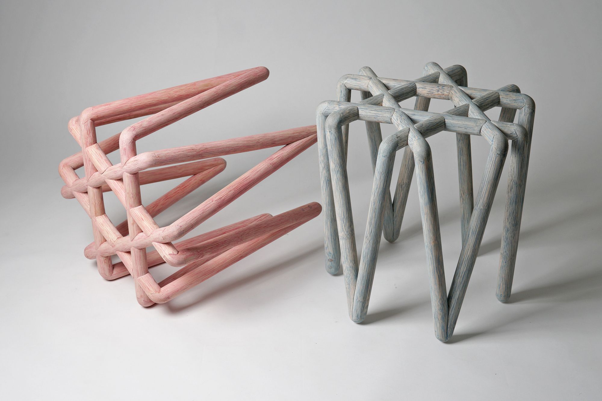 Built around the concept of an open weaving pattern typically found in Indonesian rattan chairs and sofas, the colourful Loop Stools feature a magnified scale of the pattern on the chairs