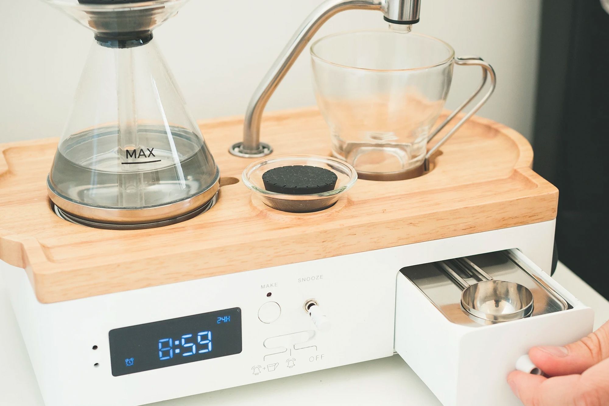 Barisieur tea and coffee alarm clock, from Synced