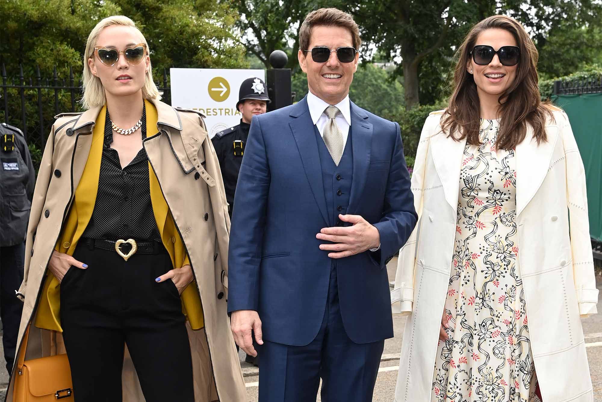 Pom Klementieff, Tom Cruise and Hayley Atwell attend day 12 of the Wimbledon Tennis Championships. (Photo: WireImage)