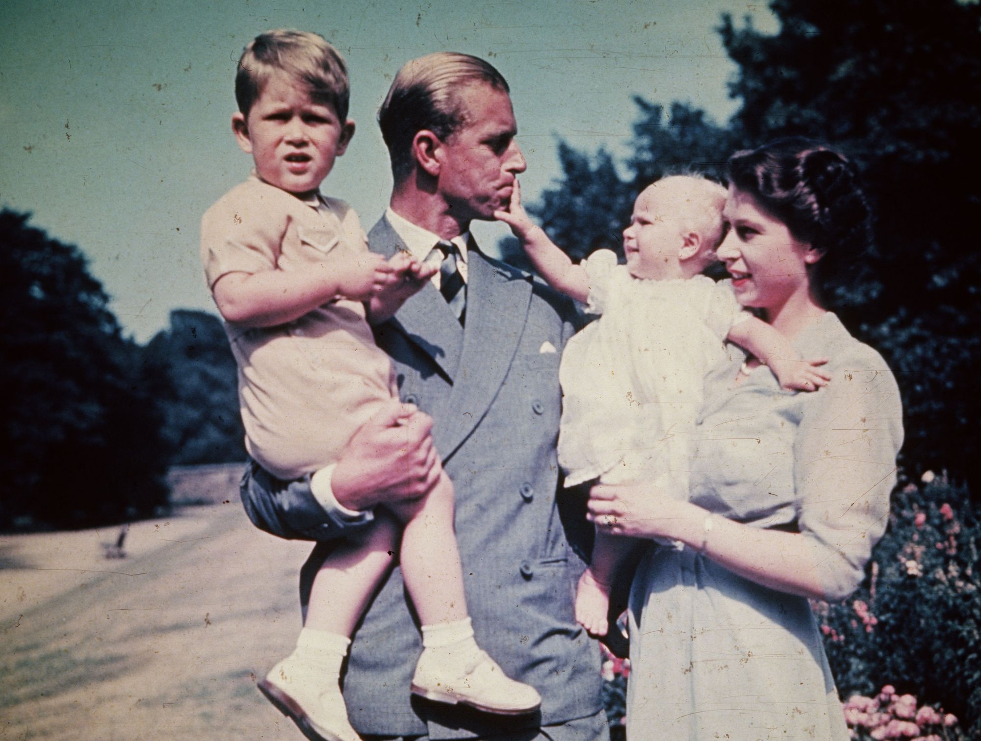August 1951: Princess Elizabeth with her husband Prince Philip Duke of Edinburgh and their children Prince Charles and Princess Anne. (Photo by Keystone/Getty Images)