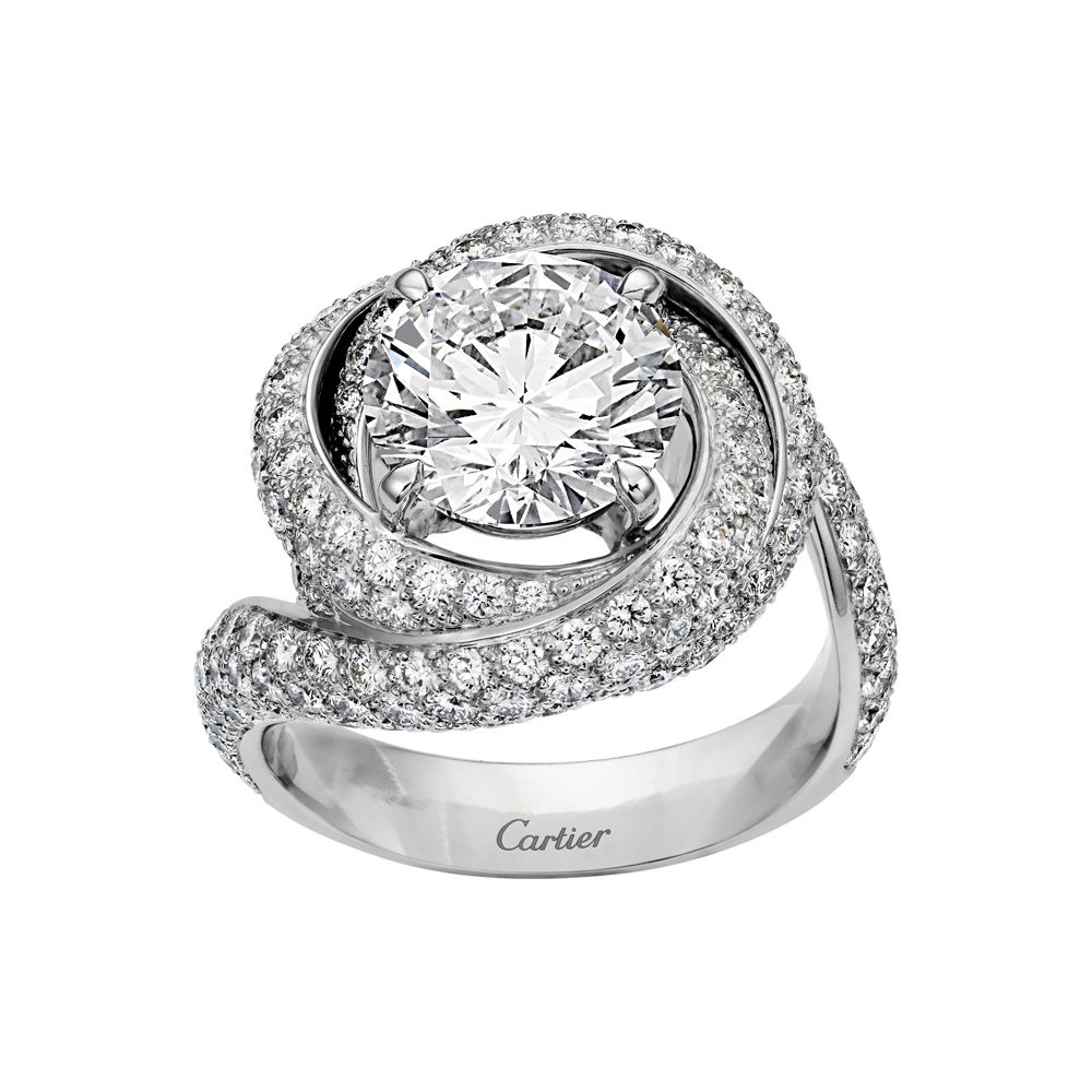 珊卓布拉克配戴Trinity Ruban單鑽戒指by Cartier。