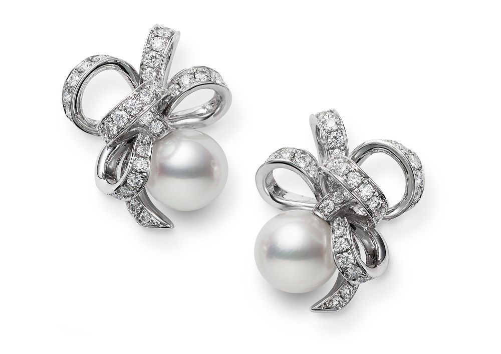 MIKIMOTO Jeux de Rubans系列:18K白金、日本Akoya珍珠鑽石耳環