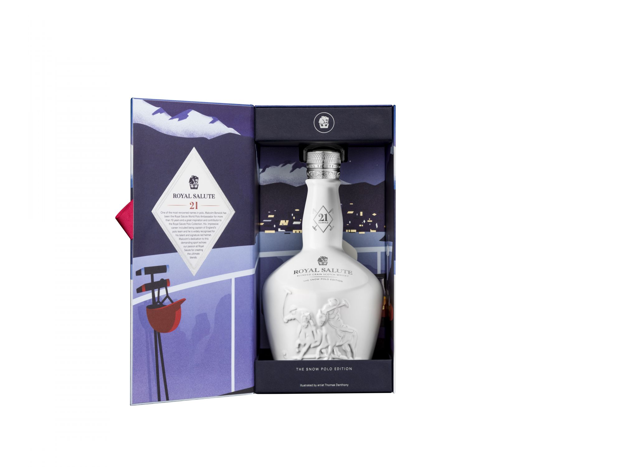 Royal Salute Snow Polo Open Carton front on containing white bottle, on a white background