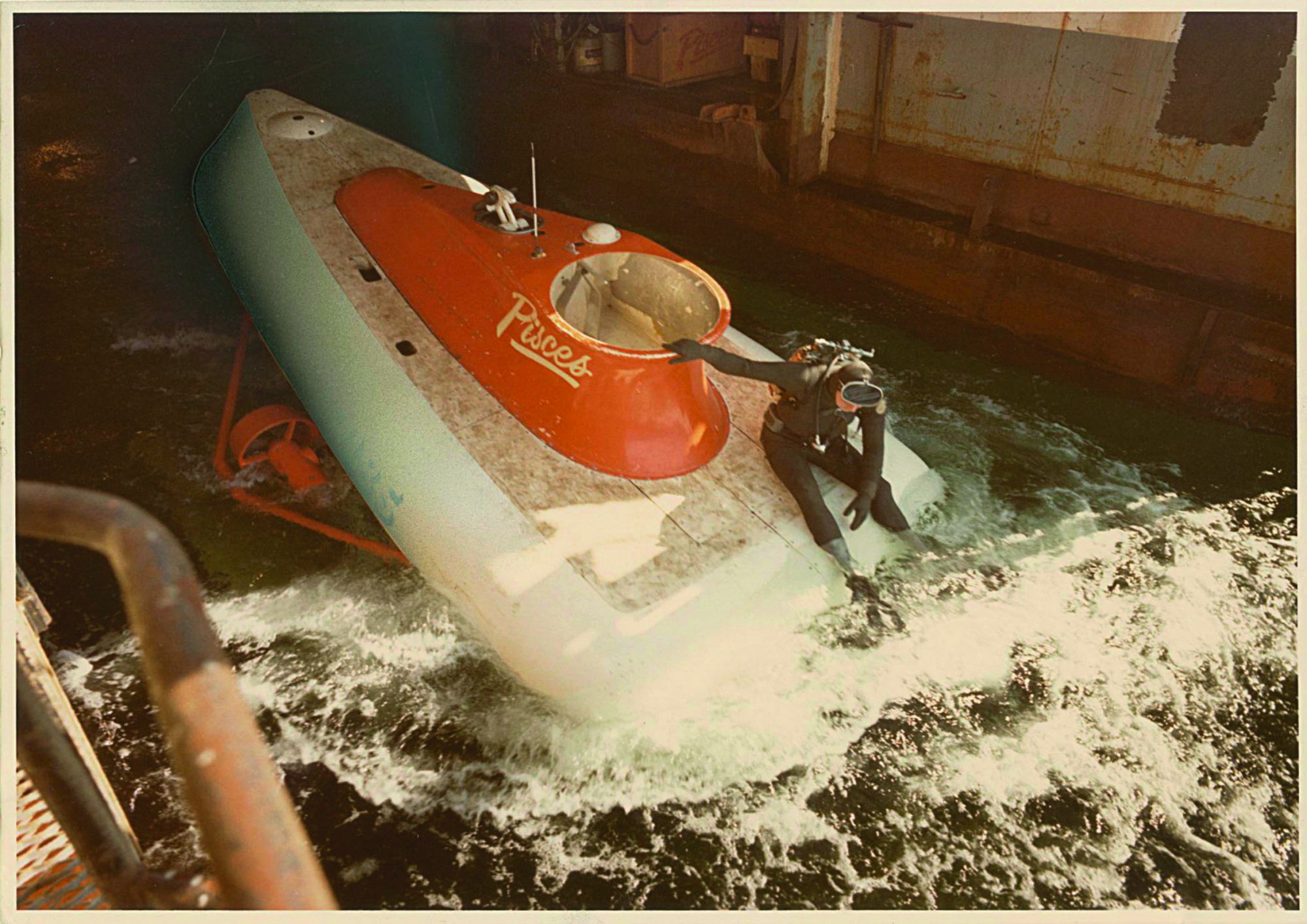 Rolex watches were attached to the exterior of HYCO submersibles, often on the articulated arm. Left, launch of Pisces V in the early 1970s.