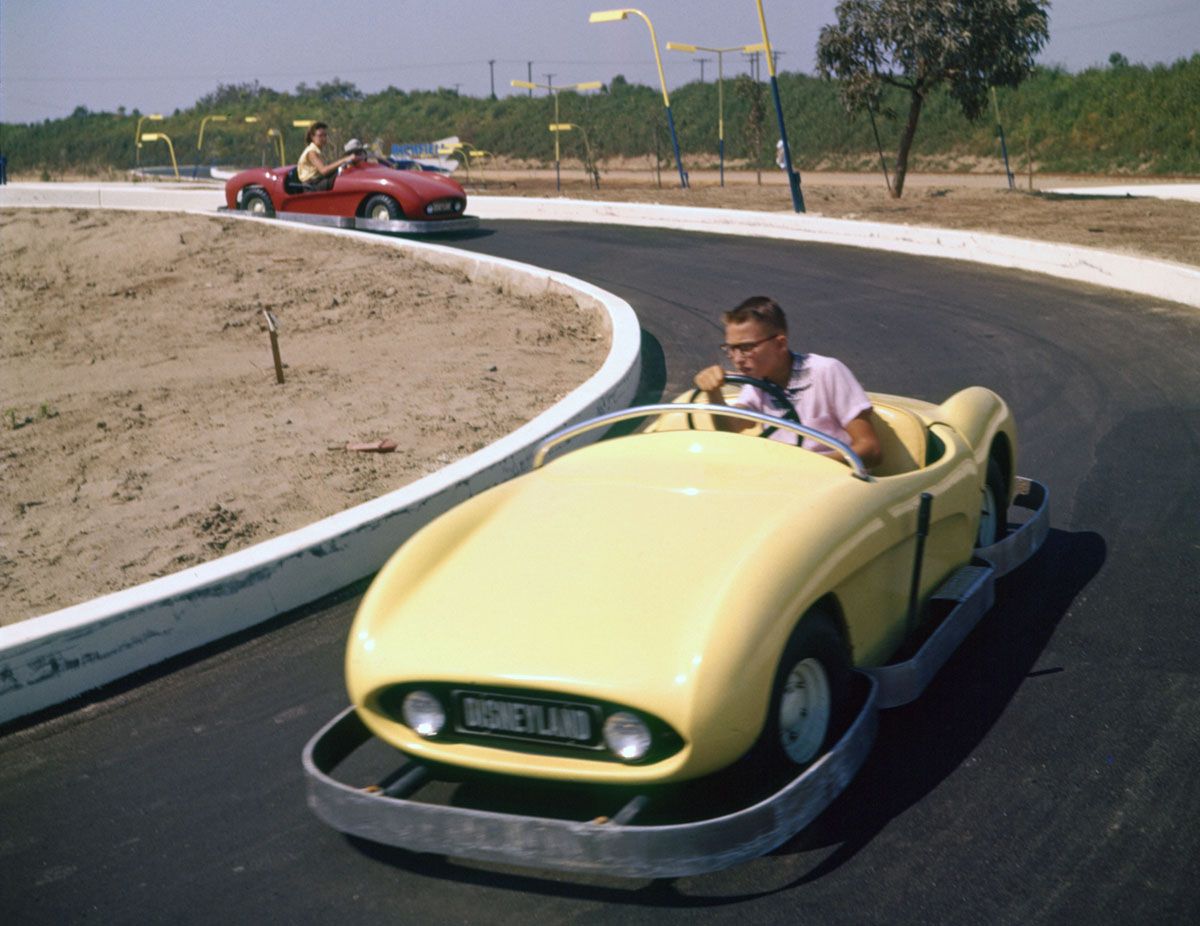 July 17, 1955: Disneyland's 'Autopia' attraction, Anaheim, California. (Photo by Loomis Dean/The LIFE Picture Collection via Getty Images)