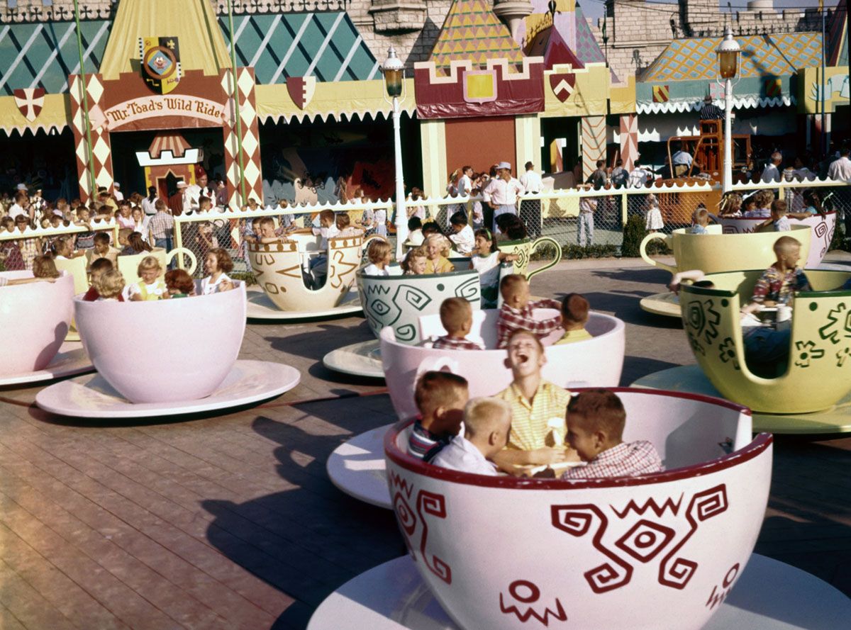 July 17, 1955: The 'Mad Hatter's Tea Party' attraction in Fantasyland at Disneyland Amusement Park, Anaheim, California. (Photo by Loomis Dean/The LIFE Picture Collection via Getty Images)