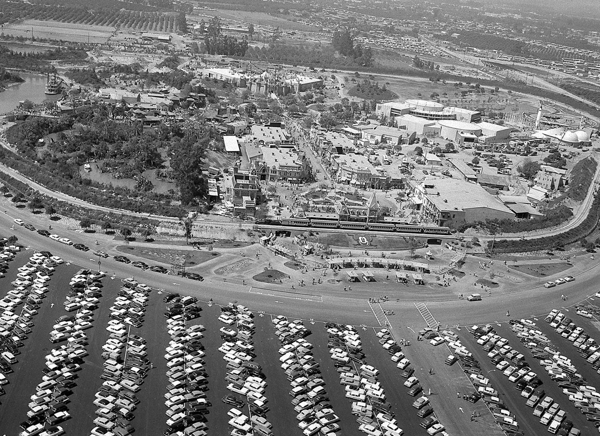 This aerial view shows Disneyland as 22,000 invited guests attend opening day festivities of the amusement park in Anaheim, Ca., on July 17, 1955. The 160-acre theme park, built on an orange grove, will open to the public July 18. (AP Photo)