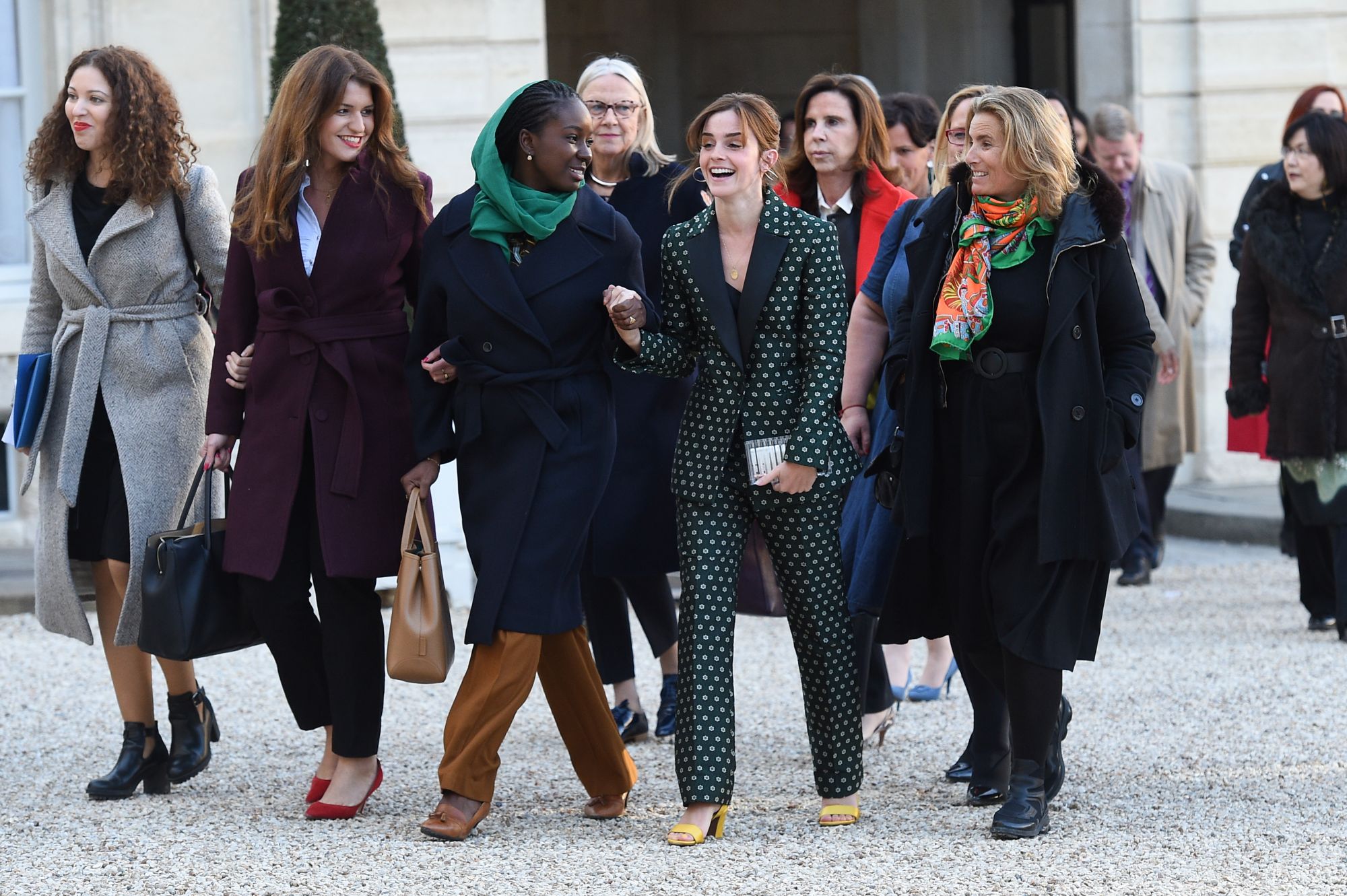 PARIS, FRANCE - FEBRUARY 19: (L-R) Assia Benziane, Secretary of Equality between women and men Marlene Schiappa, Aissata Lam, actress Emma Watson and director Lisa Azuelos attend the first meeting G7 Advisory Committee For Equality Between Women and Men at Elysee Palace on February 19, 2019 in Paris, France. (Photo by Stephane Cardinale - Corbis/Corbis via Getty Images)