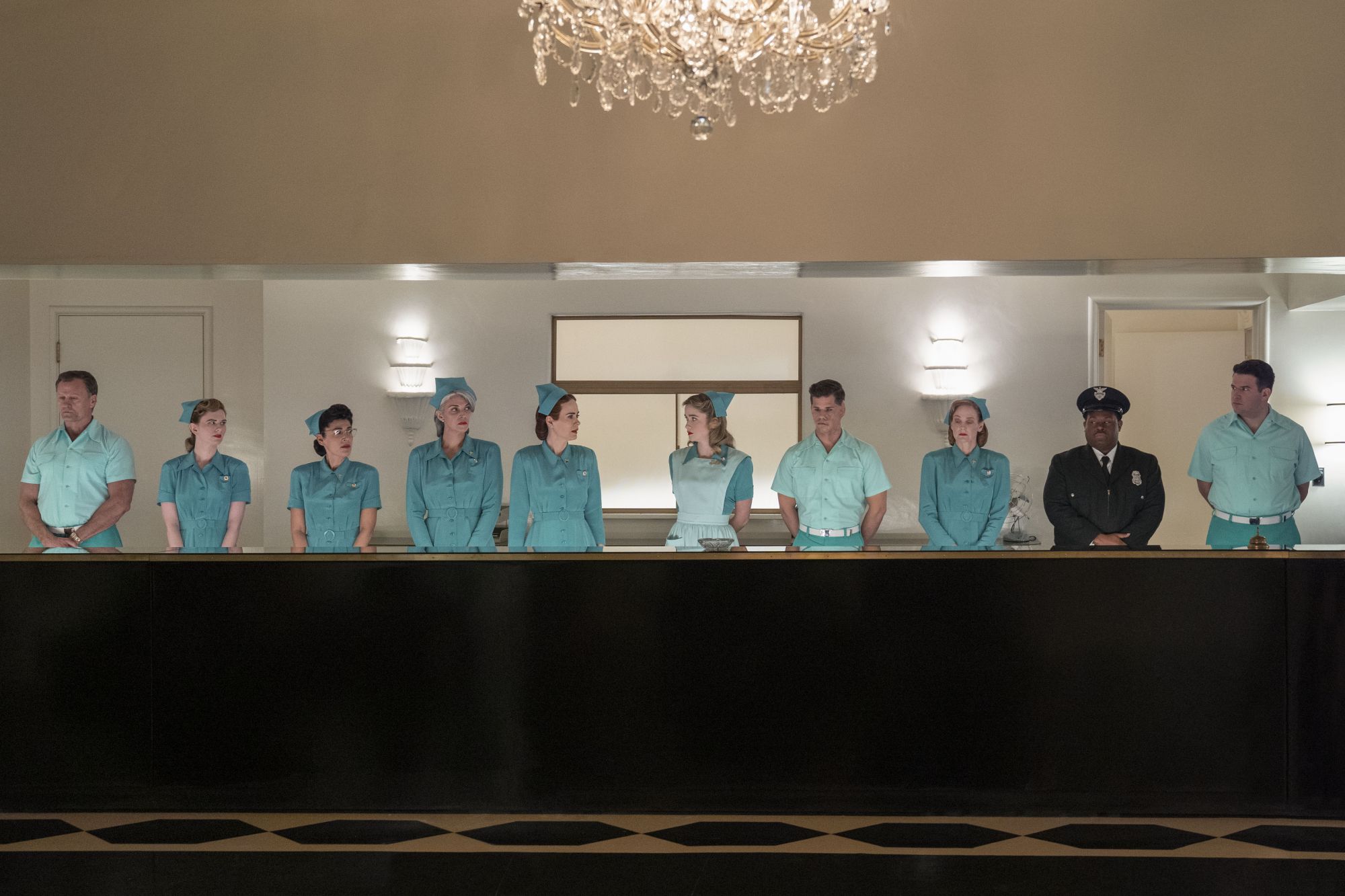 RATCHED (L to R) EMILY MEST as NURSE AMELIA, SARAH PAULSON as MILDRED RATCHED, ALICE ENGLERT as NURSE DOLLY, CHARLIE CARVER as HUCK FINNIGAN and JERMAINE WILLIAMS as HAROLD in episode 101 of RATCHED Cr. SAEED ADYANI/NETFLIX Â© 2020