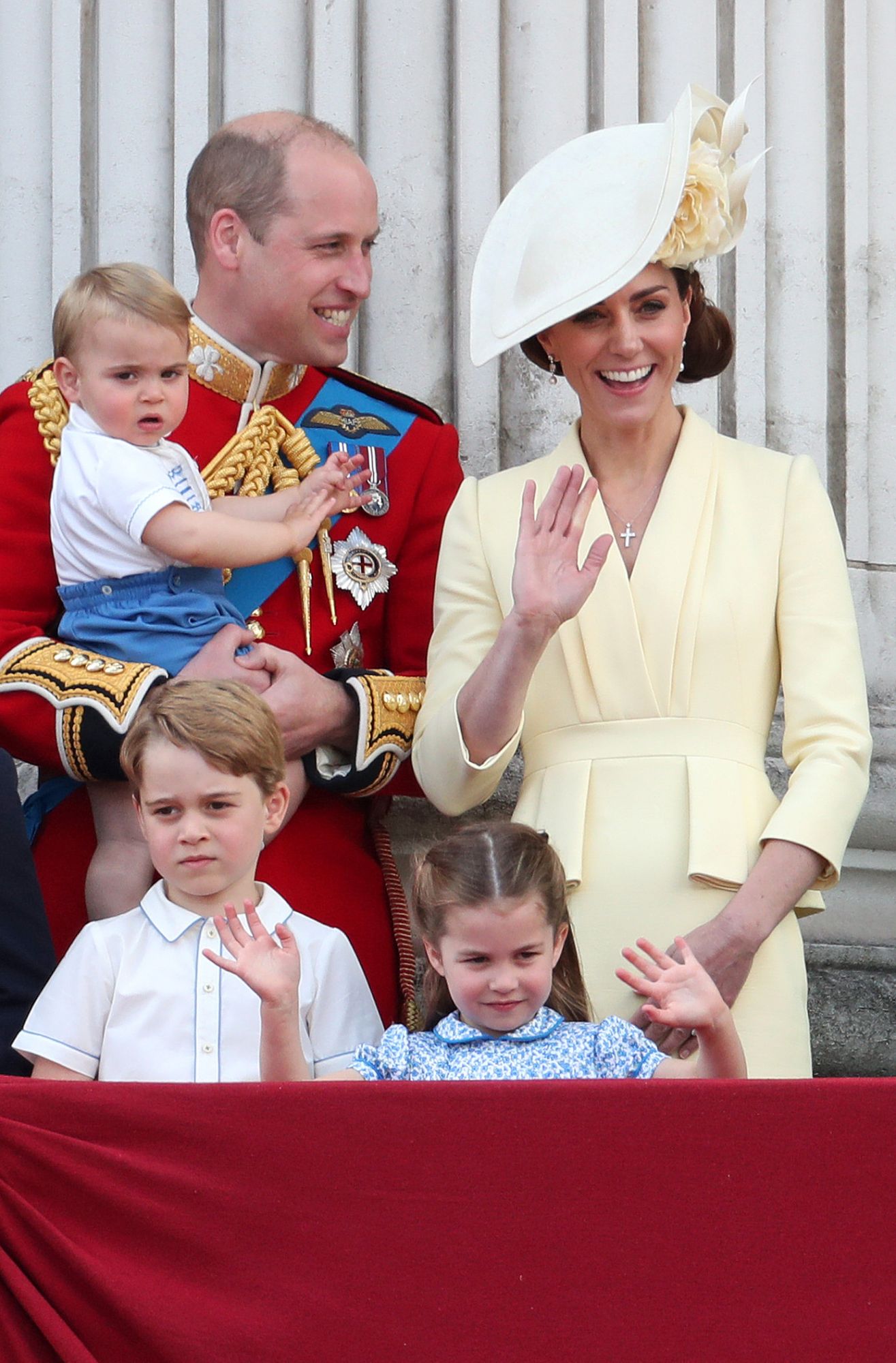 LONDON, ENGLAND - JUNE 08: Prince Louis, Prince George, Prince William, Duke of Cambridge, Princess Charlotte and Catherine, Duchess of Cambridge and during Trooping The Colour, the Queen's annual birthday parade, on June 08, 2019 in London, England. (Photo by Chris Jackson/Getty Images)