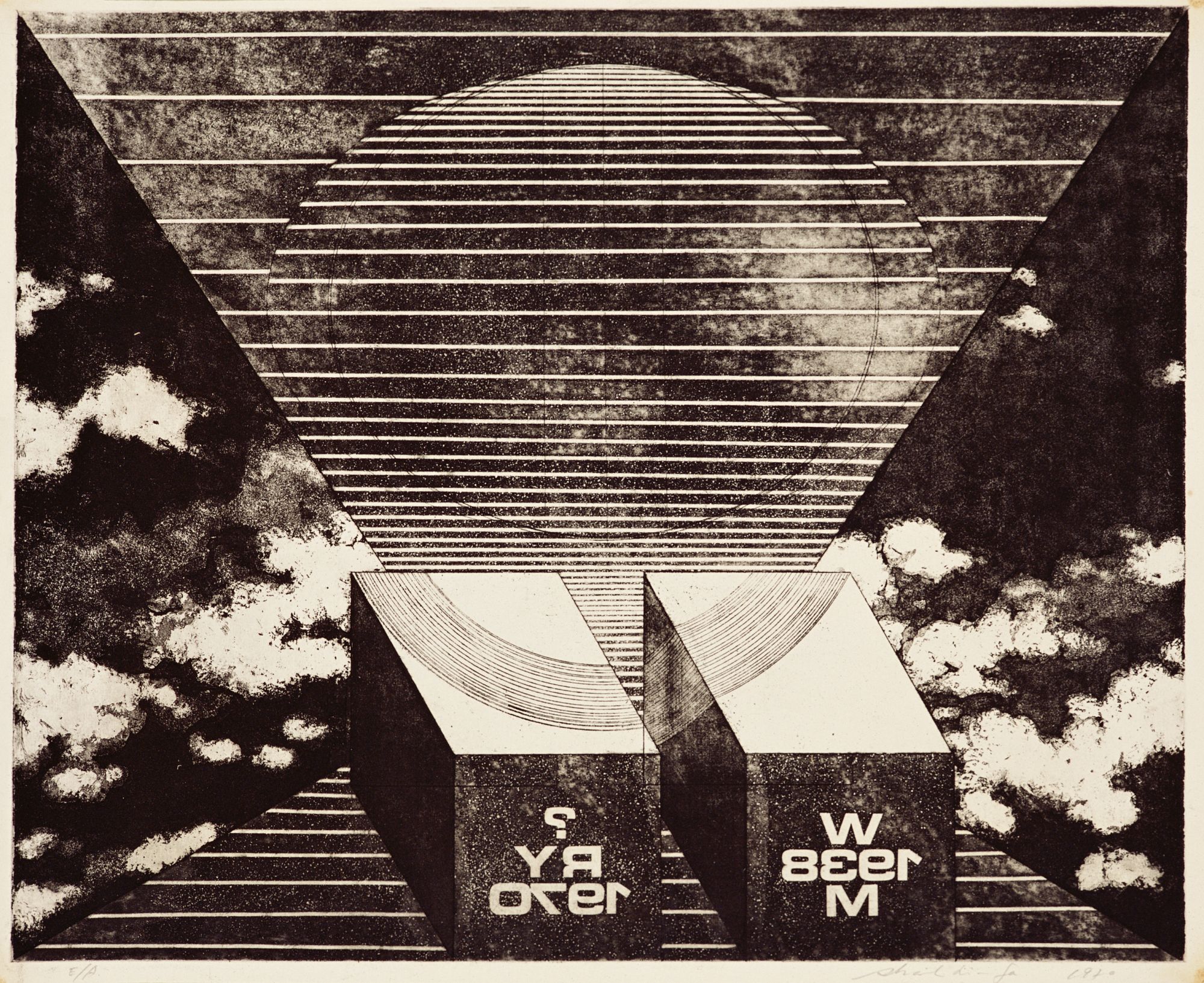 謝里法,《1938》,1970,鋅版版畫,40×50 公分。臺北市立美術館典藏。