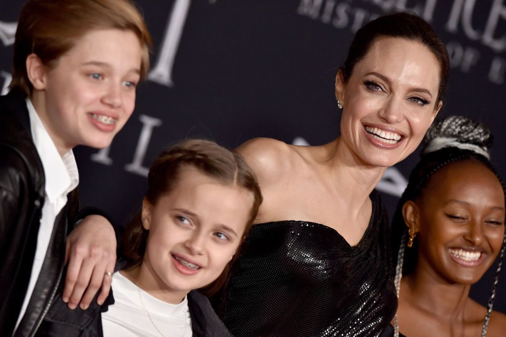 LOS ANGELES, CALIFORNIA - SEPTEMBER 30: (L-R) Shiloh Nouvel Jolie-Pitt, Vivienne Marcheline Jolie-Pitt, Angelina Jolie, and Zahara Marley Jolie-Pitt attend the World Premiere of Disney's âMaleficent: Mistress of Evil" at El Capitan Theatre on September 30, 2019 in Los Angeles, California. (Photo by Axelle/Bauer-Griffin/FilmMagic)