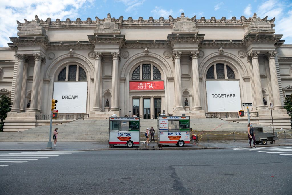 NEW YORK, NEW YORK - AUGUST 23: A view of Yoko Ono's new art installation, Dream Together, is displayed on the facade of The Metropolitan Museum of Art as the city continues Phase 4 of re-opening following restrictions imposed to slow the spread of coronavirus on August 23, 2020 in New York City. The installation was unveiled on August 20th in preparation for The Met's reopening on August 29th, 2020 after being closed due to the coronavirus. (Photo by Alexi Rosenfeld/Getty Images)