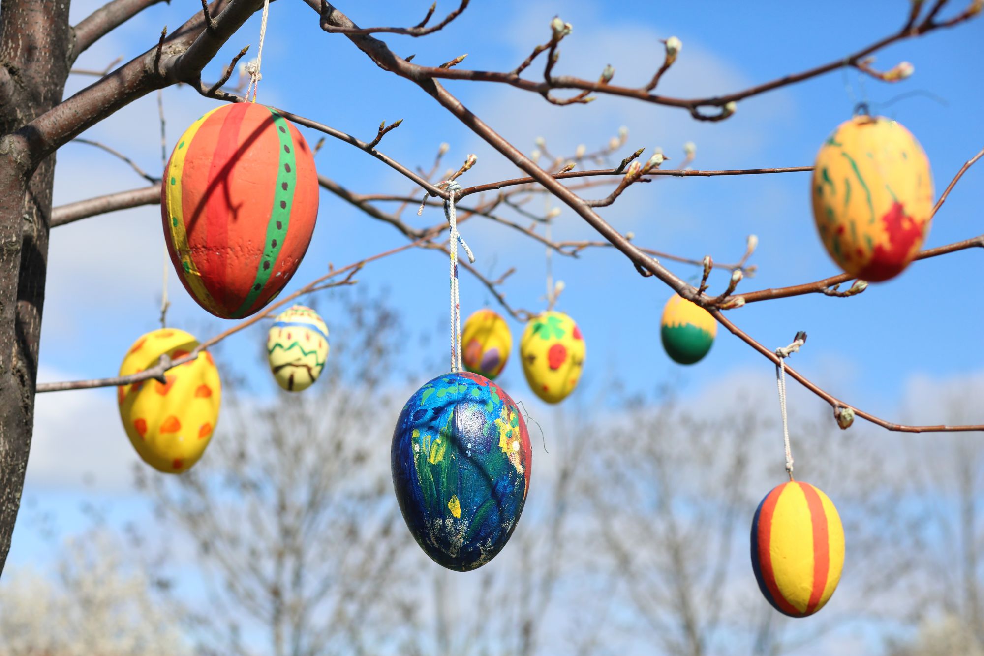 02 April 2021, Saxony-Anhalt, Wernigerode: Painted Easter eggs hang on a tree in the miniature park "Kleiner Harz". The miniature park opened its doors today after the winter break. In the upcoming season, events are still planned, but only a few dates are fixed, because the operators want to wait for the further development of the Corona pandemic. Photo: Matthias Bein/dpa-Zentralbild/dpa (Photo by Matthias Bein/picture alliance via Getty Images)