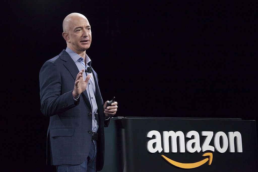 SEATTLE, WA - JUNE 18: Amazon.com founder and CEO Jeff Bezos presents the company's first smartphone, the Fire Phone, on June 18, 2014 in Seattle, Washington. The much-anticipated device is available for pre-order today and is available exclusively with AT&T service. (Photo by David Ryder/Getty Images)