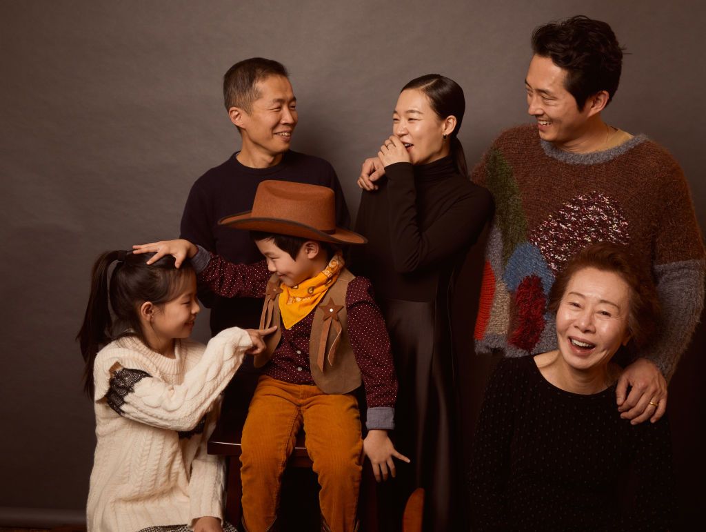PARK CITY, UT - JANUARY 26: Noel Kate cho, Isaac Chung, Han Ye-ri, Steven Yeun, and Yuh-Jung Youn from Minari pose for a portrait at the Pizza Hut Lounge on January 26, 2020 in Park City, Utah. (Photo by Emily Assiran/Getty Images for Pizza Hut)