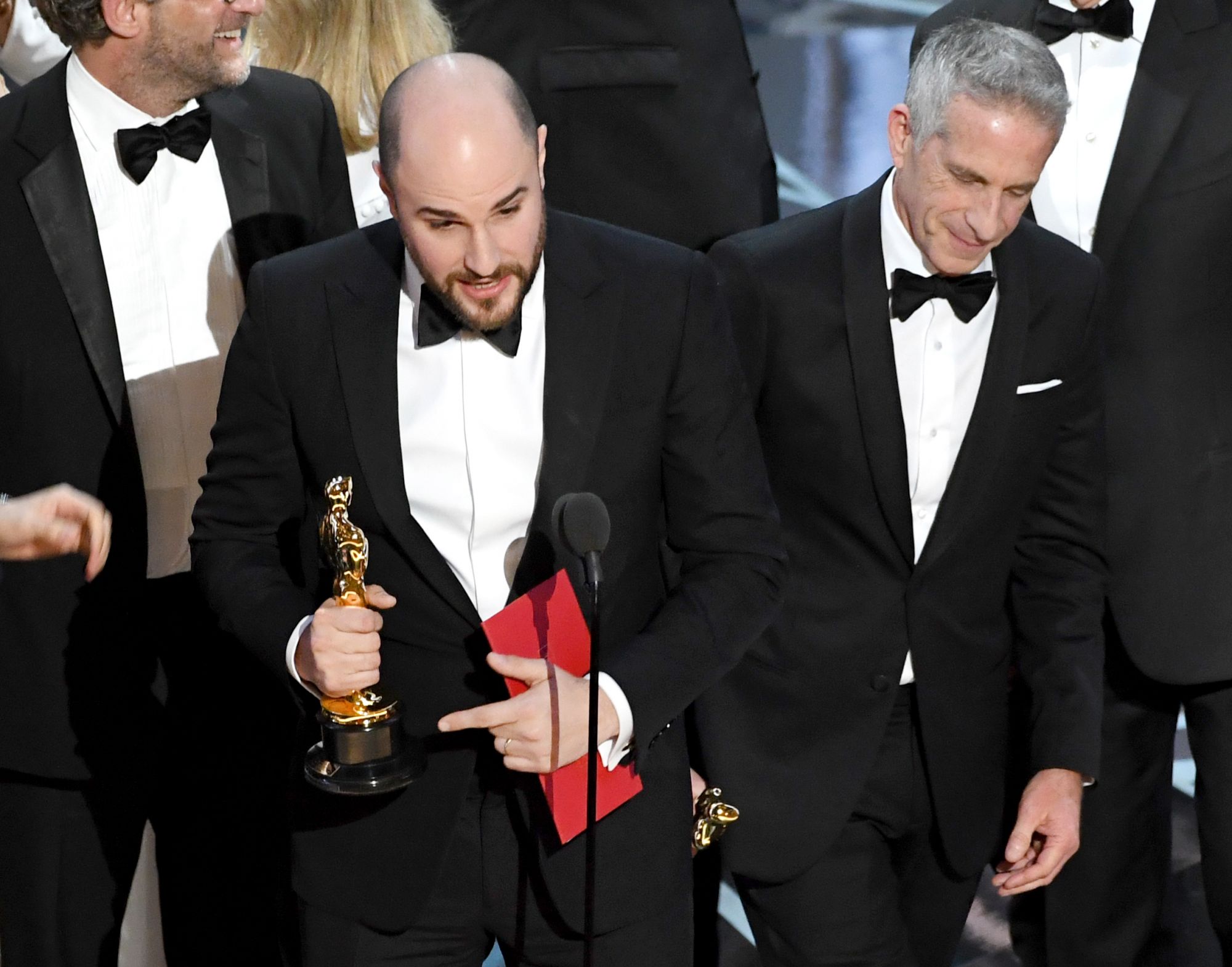 HOLLYWOOD, CA - FEBRUARY 26: 'La La Land' producers Marc Platt (R) and Jordan Horowitz accept the Best Picture award due to a presentation error (the award was later given to 'Moonlight') onstage during the 89th Annual Academy Awards at Hollywood & Highland Center on February 26, 2017 in Hollywood, California. (Photo by Kevin Winter/Getty Images)