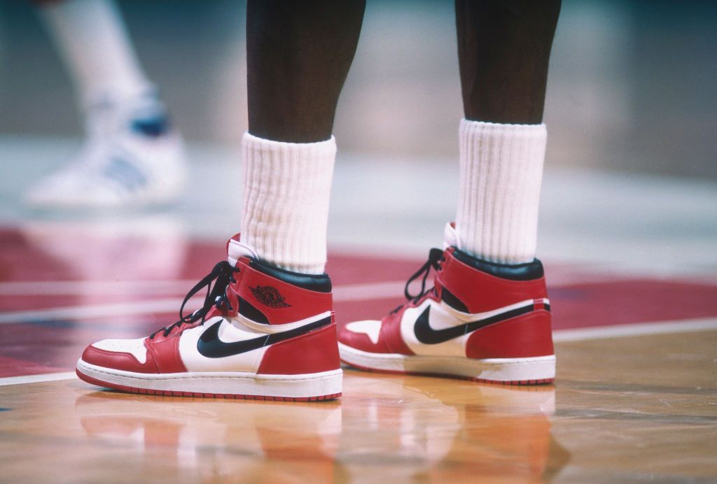 WASHINGTON - 1985: Detail of the "Air Jordan" Nike shoes worn by Chicago Bulls' center Michael Jordan #23 during a game against the Washington Bullets at Capital Centre circa 1985 in Washington, D.C.. NOTE TO USER: User expressly acknowledges and agrees that, by downloading and or using this photograph, User is consenting to the terms and conditions of the Getty Images License Agreement. (Photo by Focus on Sport via Getty Images)