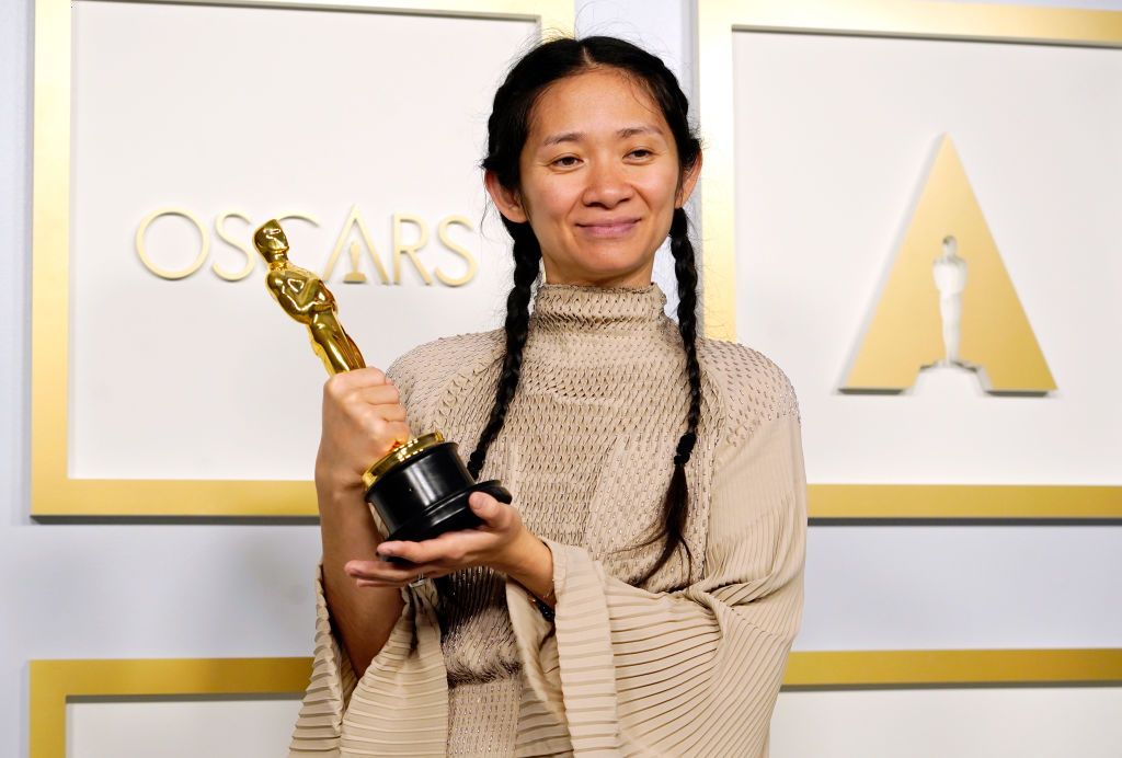 LOS ANGELES, CALIFORNIA - APRIL 25: Director/Producer Chloe Zhao, winner of Best Picture for "Nomadland," poses in the press room at the Oscars on Sunday, April 25, 2021, at Union Station in Los Angeles. (Photo by Chris Pizzello-Pool/Getty Images)