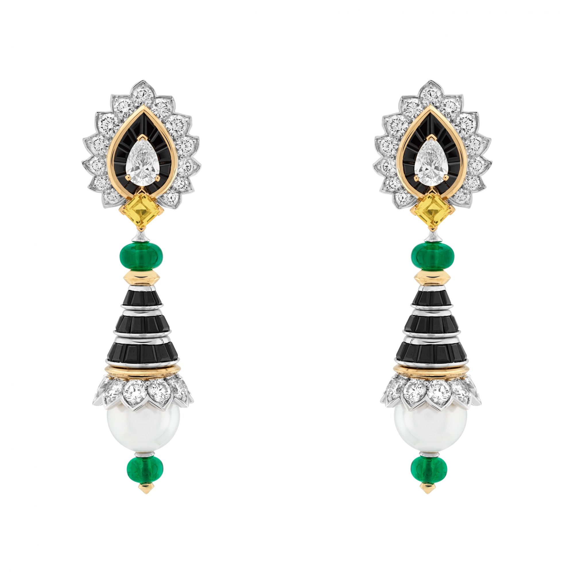 Balletti earrings with detachable pendants. White gold, yellow gold, emeralds, yellow sapphires, black spinels, white cultured pearls, diamonds.