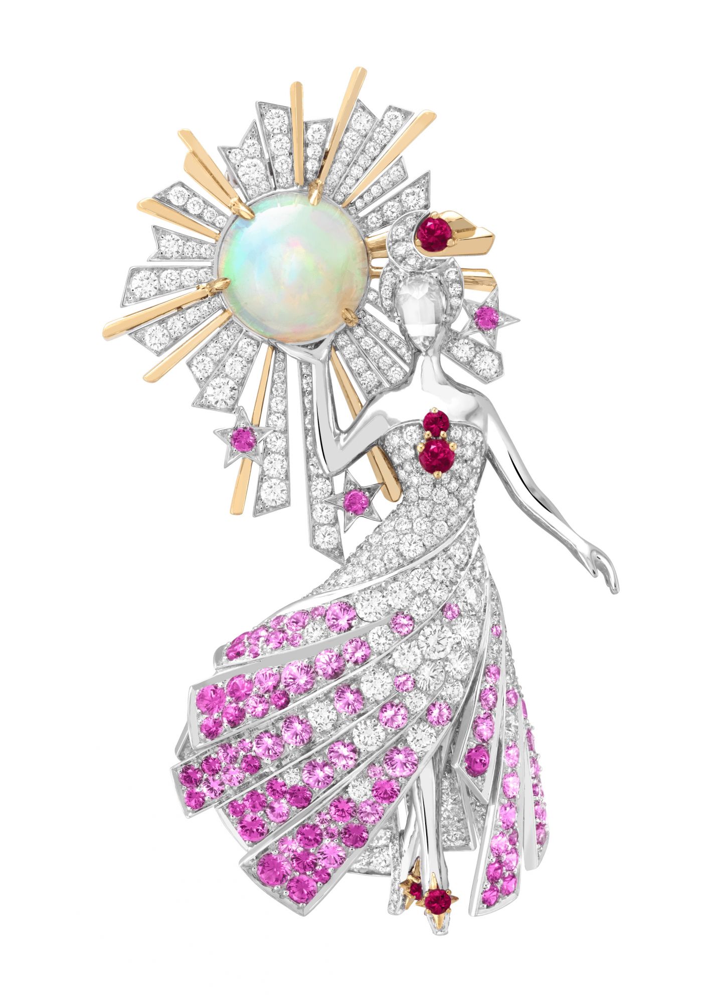 Déesse Mercure clip. White gold, yellow gold, one cabochon-cut white opal of 5.10 carats, rubies, pink sapphires, diamonds.