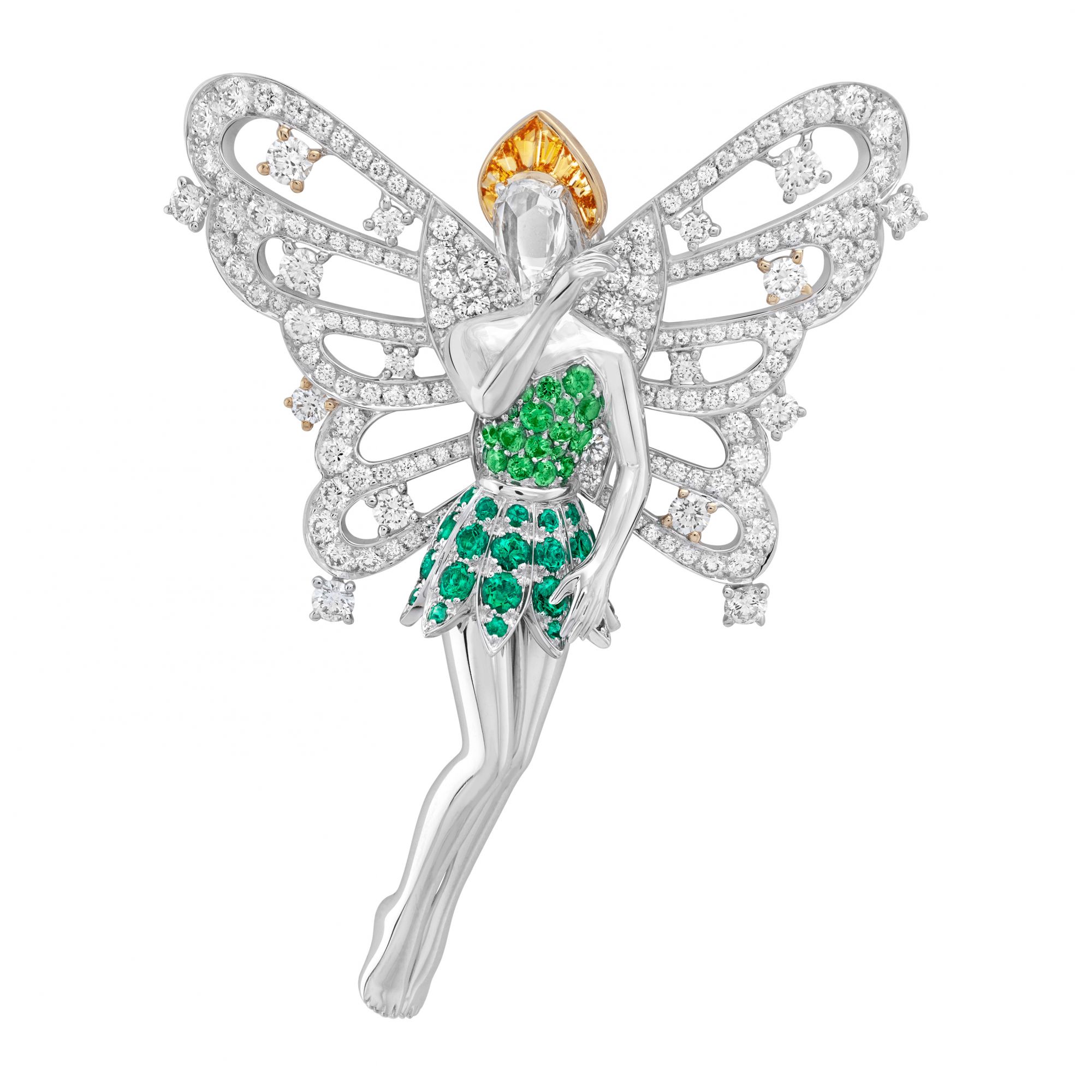 Fée Clochette clip. White gold, yellow gold, emeralds, yellow sapphires, tsavorite garnets, diamonds.