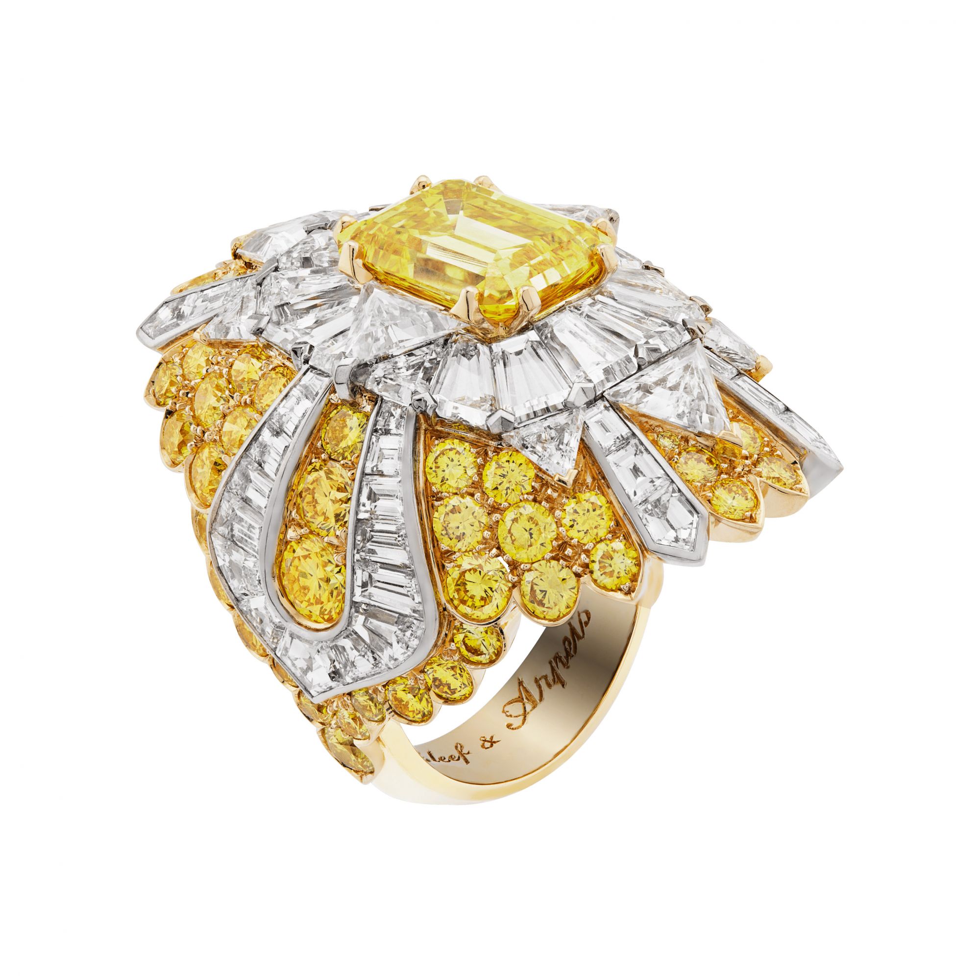Beauté céleste ring. Yellow gold, white gold, one emerald-cut Fancy Vivid Yellow diamond of 4.05 carats, yellow diamonds.