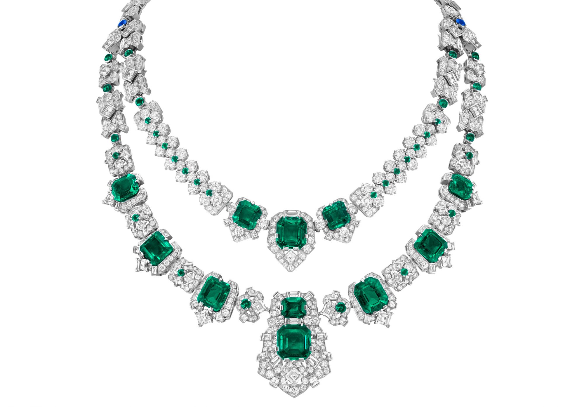 Ãtincelles d'émeraudes transformable necklace. White gold, platinum, 11 emerald-cut emeralds for 39.04 carats (Colombia), emeralds, sapphires, diamonds.
