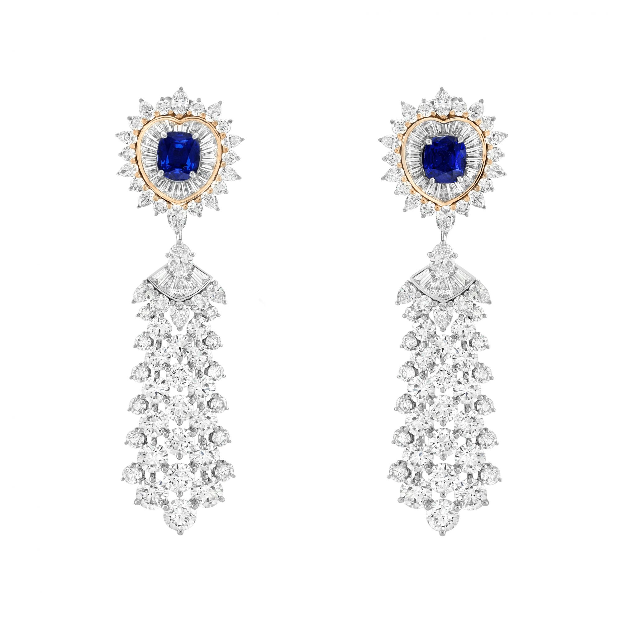 Whisper earrings with detachable pendants. White gold, rose gold, platinum, two cushion-cut sapphires for 5.63 carats (Burma), diamonds.