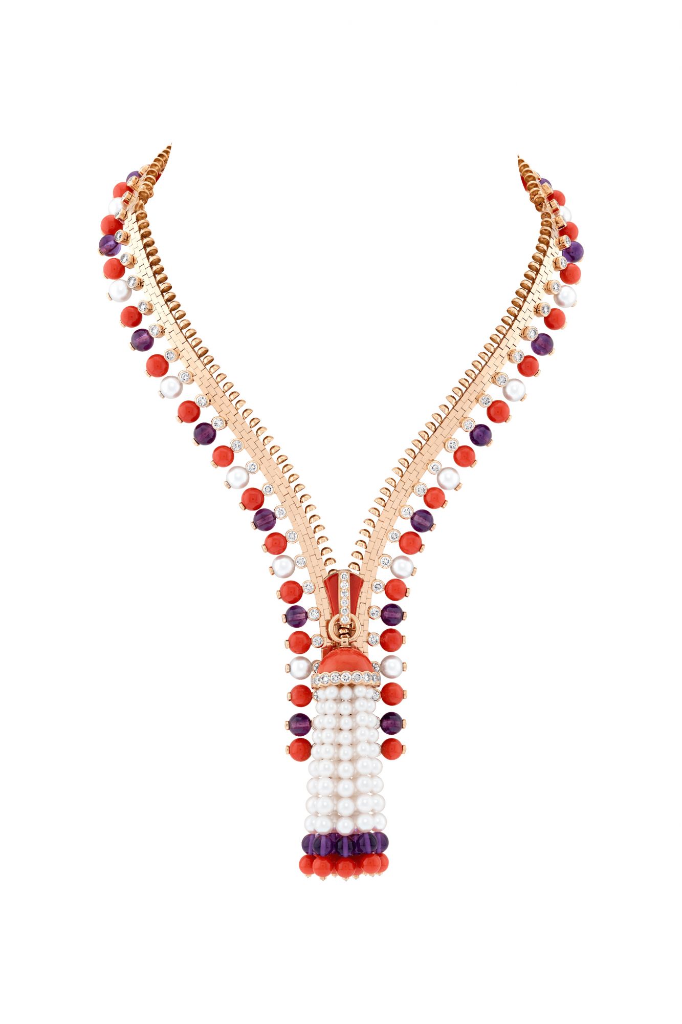 Zip Antique Couleur necklace transformable into a bracelet. Rose gold, amethysts, coral, white cultured pearls, white mother-of-pearl, diamonds.